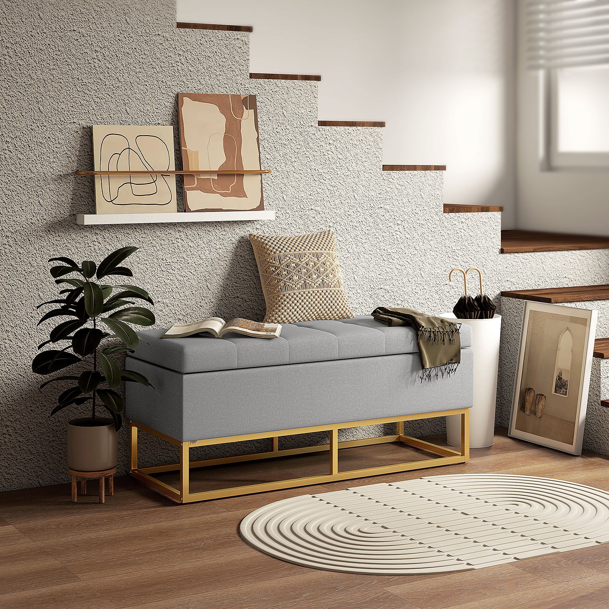 Banc de rangement, bout de lit, coffre de rangement avec assise capitonnée et pieds en acier, 110 x 44 x 48 cm, gris et doré