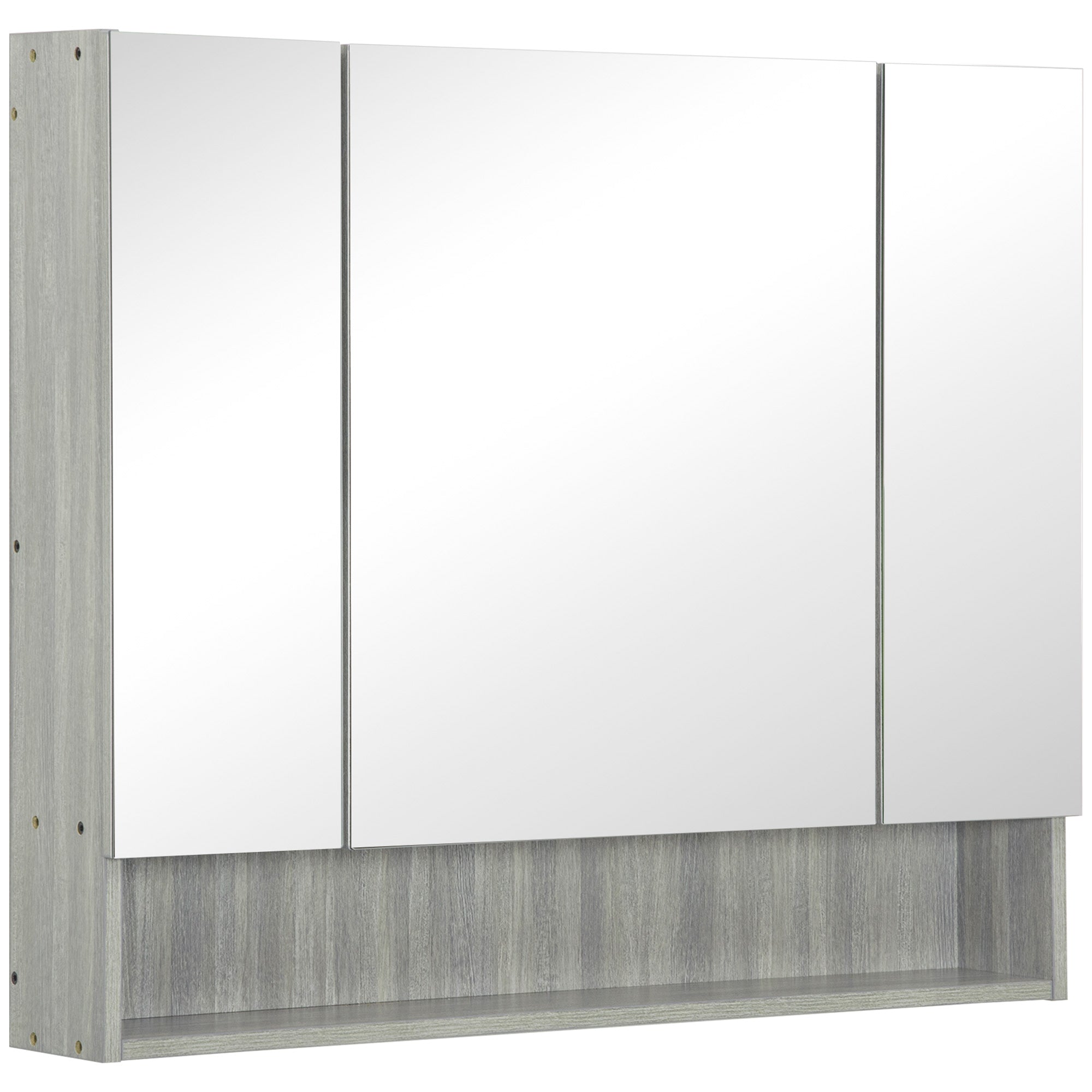 Armoire murale salle de bain avec miroir, 90 x 15 x 75 cm, meuble salle de bain, armoire de toilette avec 3 portes miroir, compartiment ouvert et étagères réglables, gris