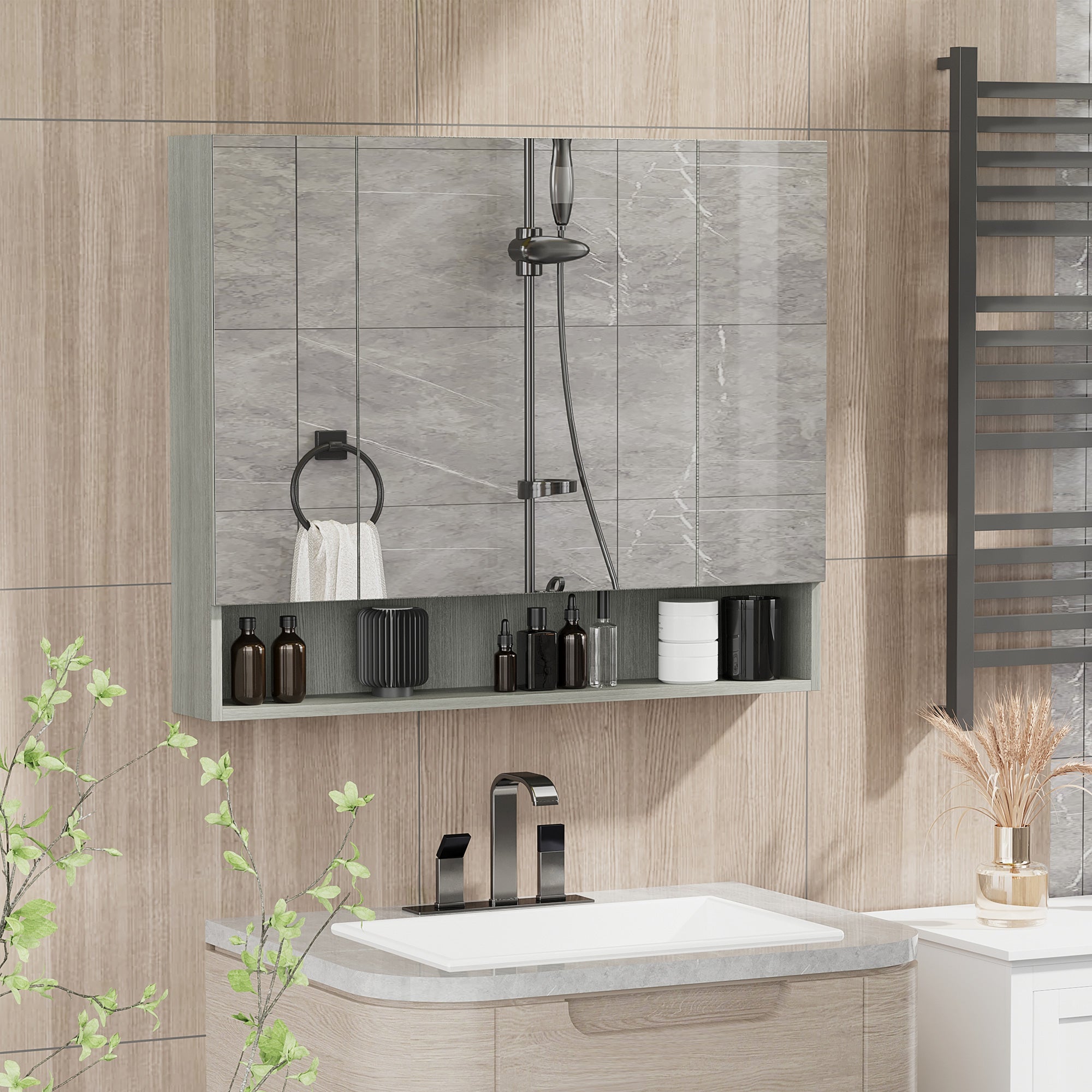 Armoire murale salle de bain avec miroir, 90 x 15 x 75 cm, meuble salle de bain, armoire de toilette avec 3 portes miroir, compartiment ouvert et étagères réglables, gris