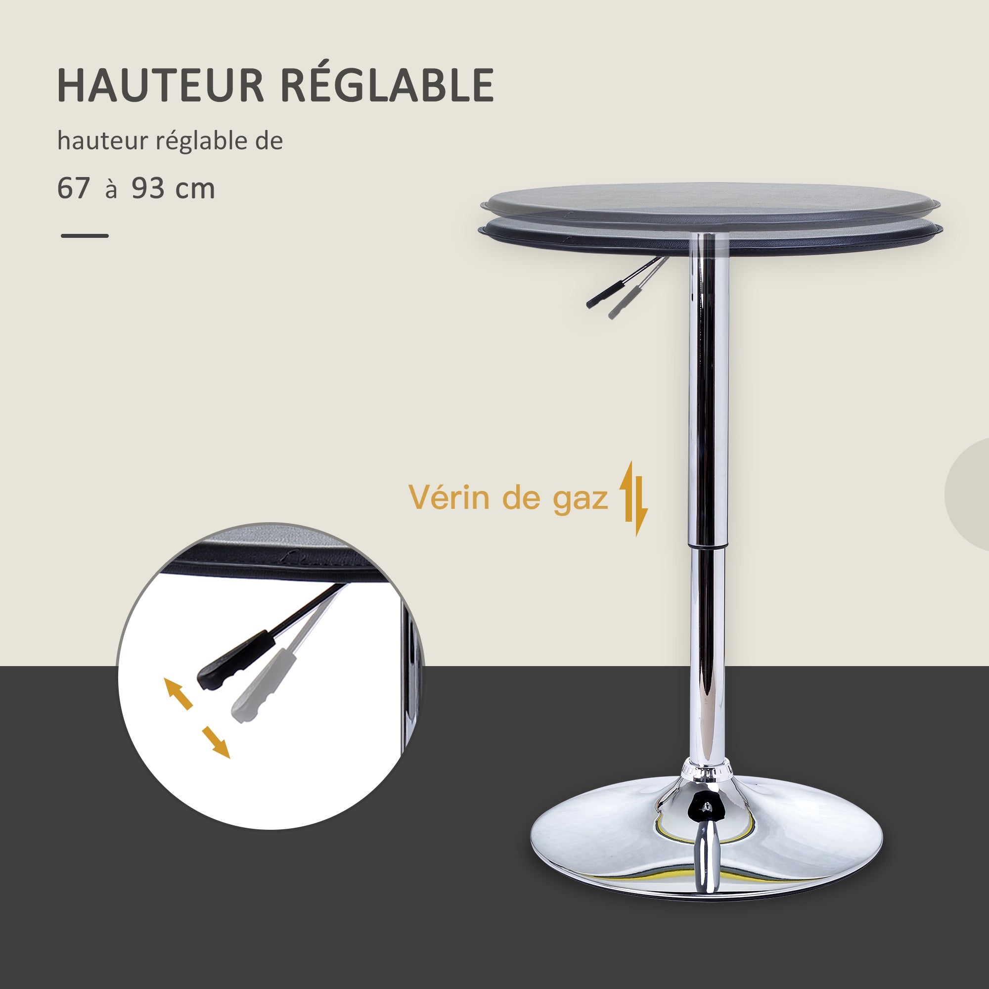 Table de Bar Table Bistro Mange-debout Chic Style Contemporain Table Ronde Hauteur réglable 67-93 cm Ø 63 cm Plateau pivotant 360° métal chromé PVC Noir