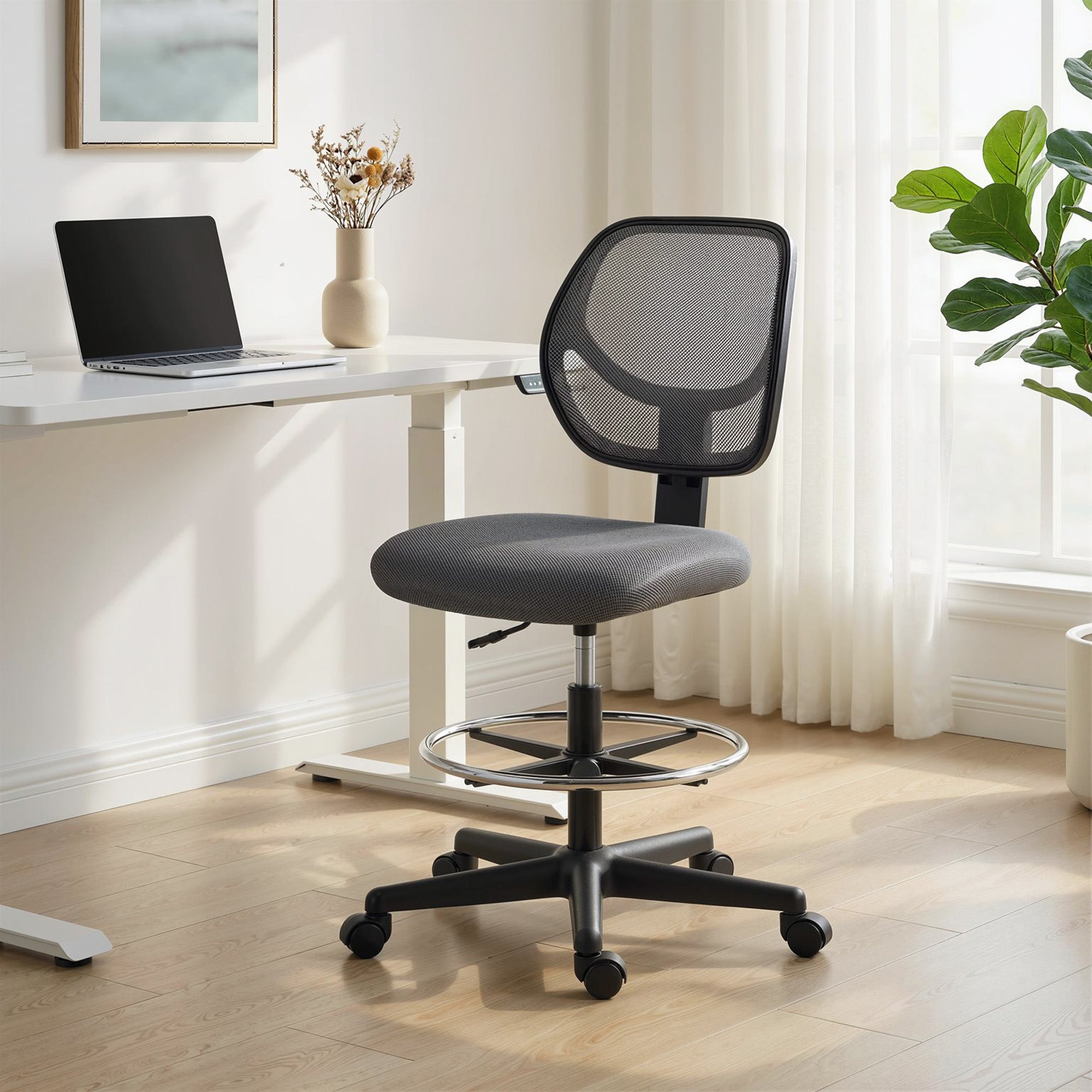Vinsett Chaise bureau ergonomique, fauteuil de bureau avec repose-pieds, chaise à dessin en maille, hauteur réglable, dossier incurvé, pivotant 360°, pour studio travail à domicile, gris foncé