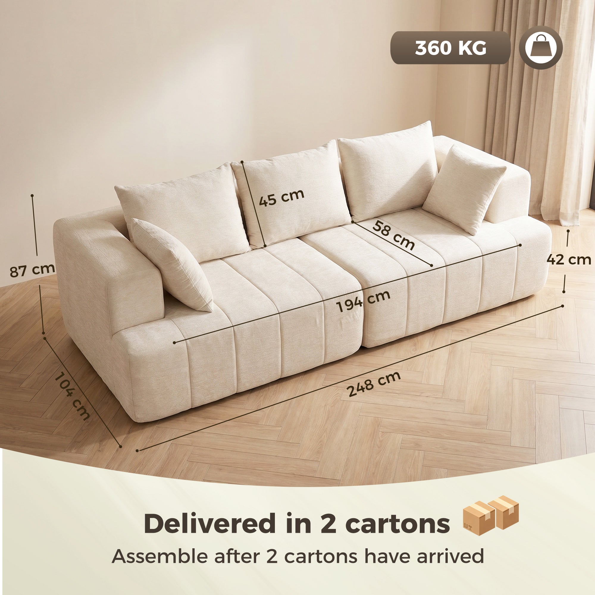 Canapé 3 places en chenille 248 cm, canapé salon moderne, large assise rembourrée, coussins à ressorts, larges accoudoirs, 2 coussins, base antidérapante, pour salon, chambre, beige