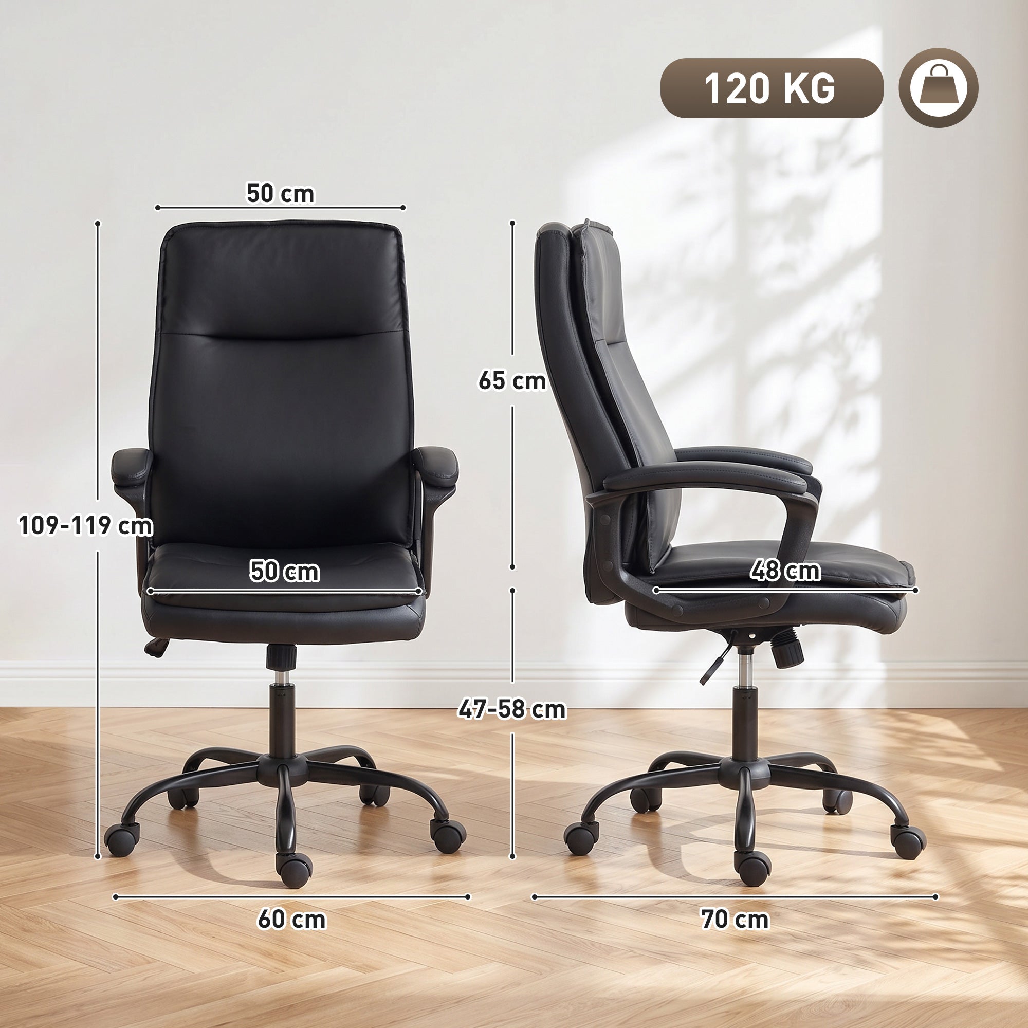 Chaise Bureau Ergonomique, Fauteuil de Bureau en PU, Hauteur Réglable, Fonction Bascule, Dossier Haut, Double Rembourrage, Travail Pivotante 360° pour Ordinateur, Noir