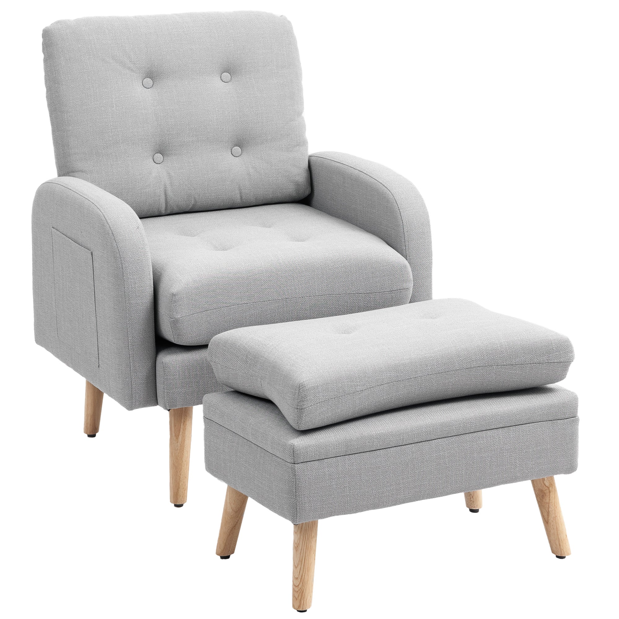 Fauteuil de relaxation avec repose-pied, fauteuil TV avec coussins, 2 poches de rangement, support jusqu'à 120 kg, canapé 1 place capitonné pour salon chambre bureau, en tissu lin gris clair