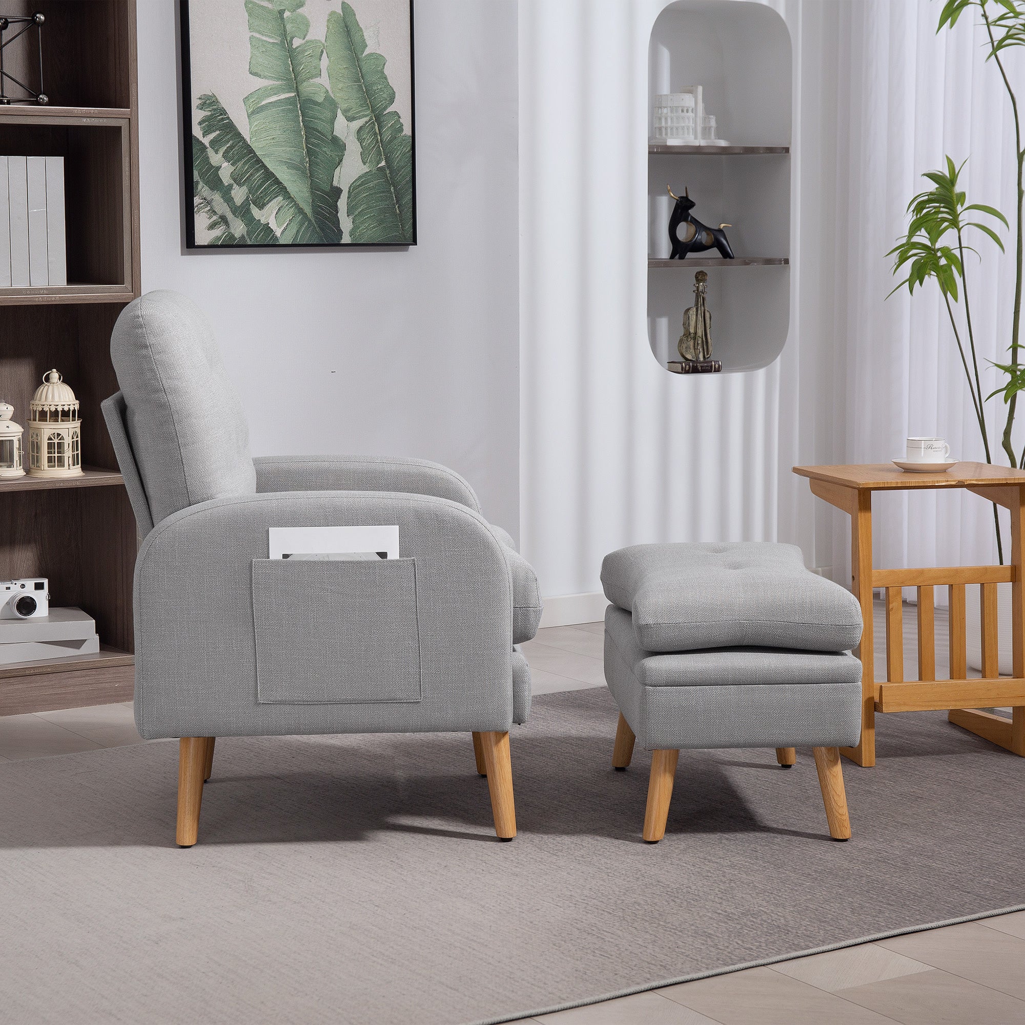 Fauteuil de relaxation avec repose-pied, fauteuil TV avec coussins, 2 poches de rangement, support jusqu'à 120 kg, canapé 1 place capitonné pour salon chambre bureau, en tissu lin gris clair