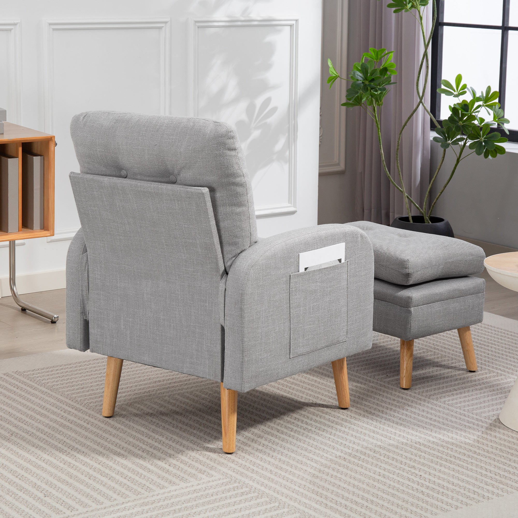 Fauteuil de relaxation avec repose-pied, fauteuil TV avec coussins, 2 poches de rangement, support jusqu'à 120 kg, canapé 1 place capitonné pour salon chambre bureau, en tissu lin gris clair
