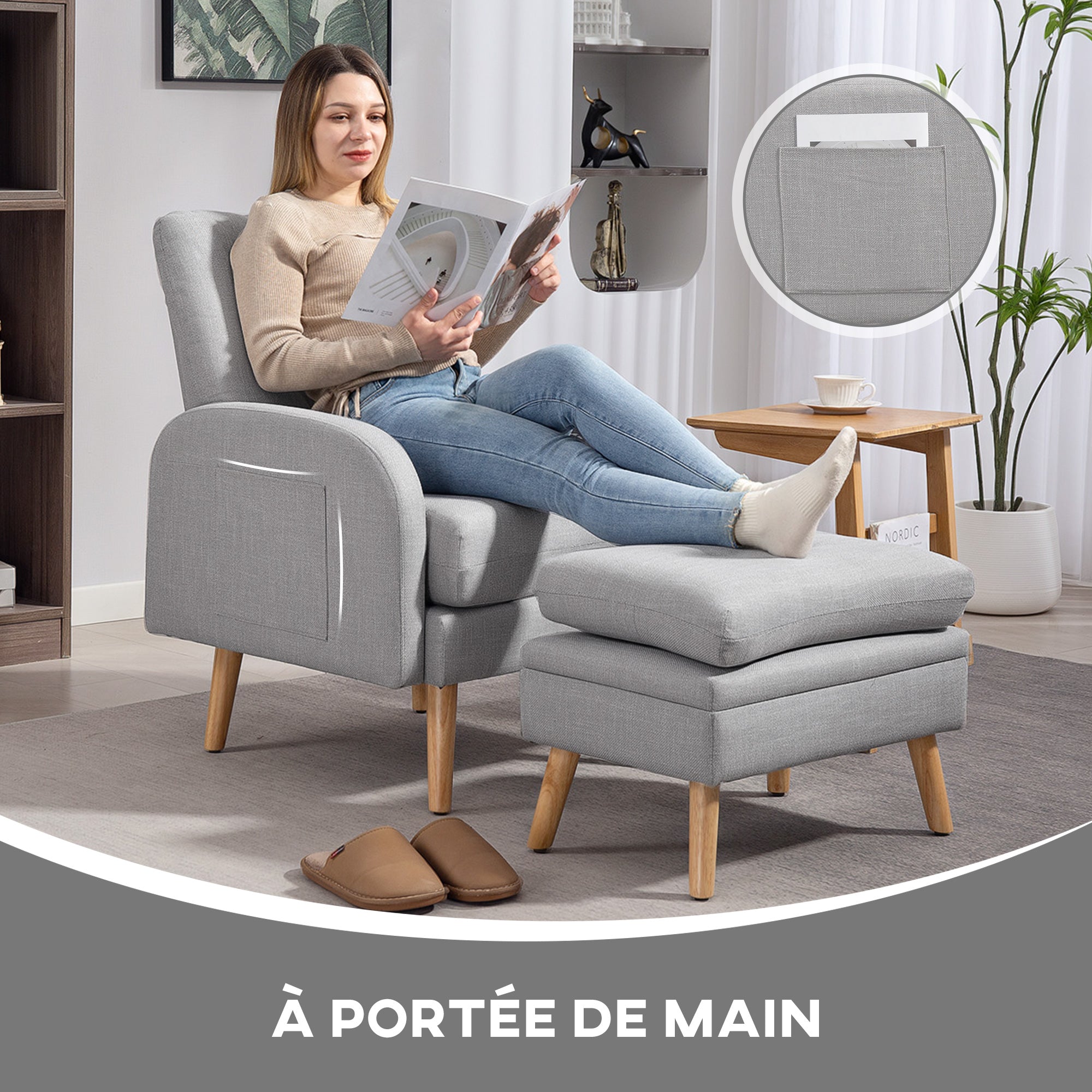 Fauteuil de relaxation avec repose-pied, fauteuil TV avec coussins, 2 poches de rangement, support jusqu'à 120 kg, canapé 1 place capitonné pour salon chambre bureau, en tissu lin gris clair