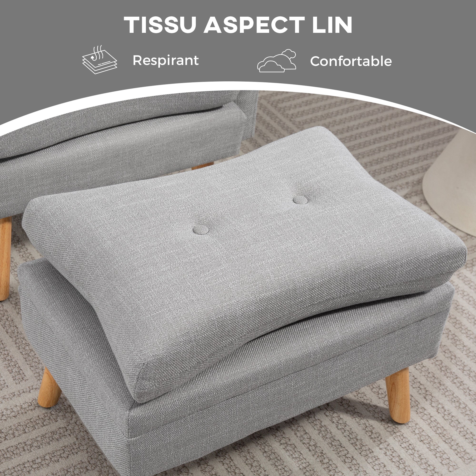 Fauteuil de relaxation avec repose-pied, fauteuil TV avec coussins, 2 poches de rangement, support jusqu'à 120 kg, canapé 1 place capitonné pour salon chambre bureau, en tissu lin gris clair