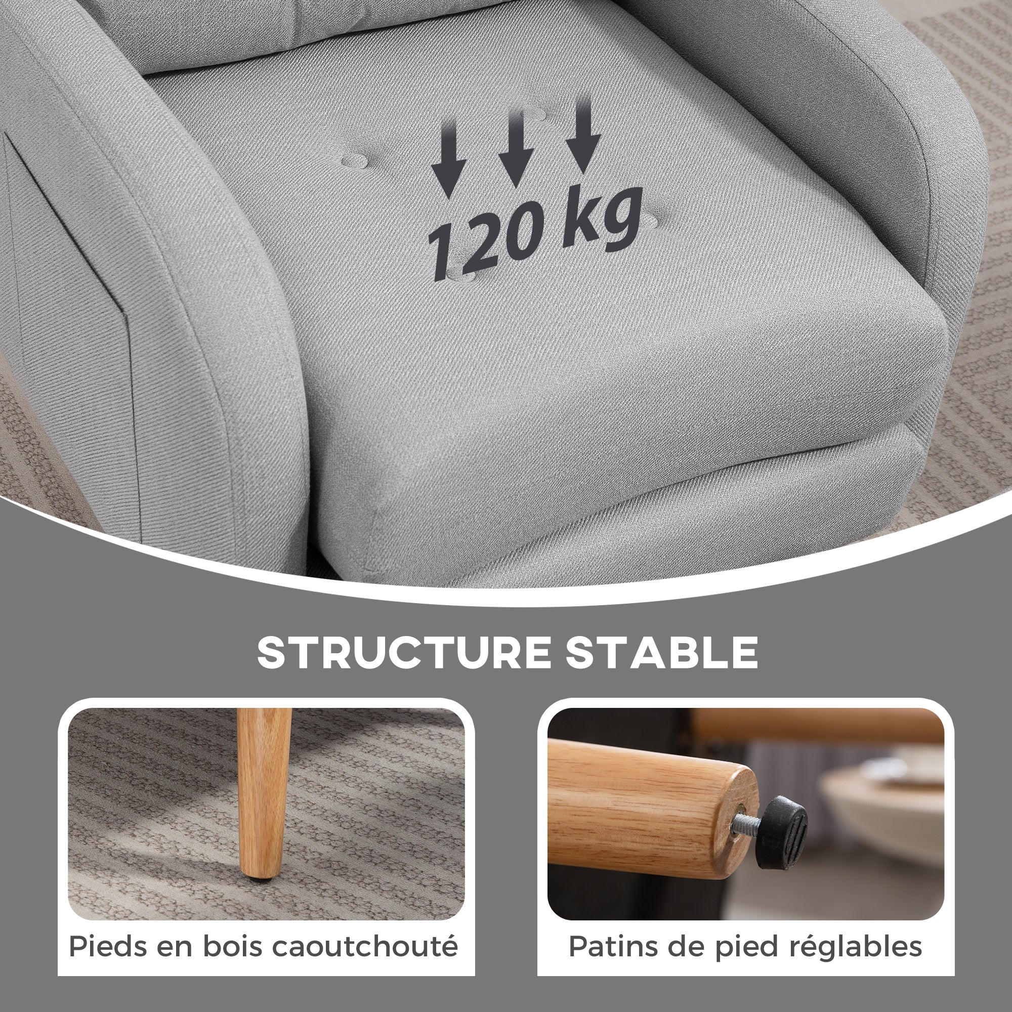 Fauteuil de relaxation avec repose-pied, fauteuil TV avec coussins, 2 poches de rangement, support jusqu'à 120 kg, canapé 1 place capitonné pour salon chambre bureau, en tissu lin gris clair
