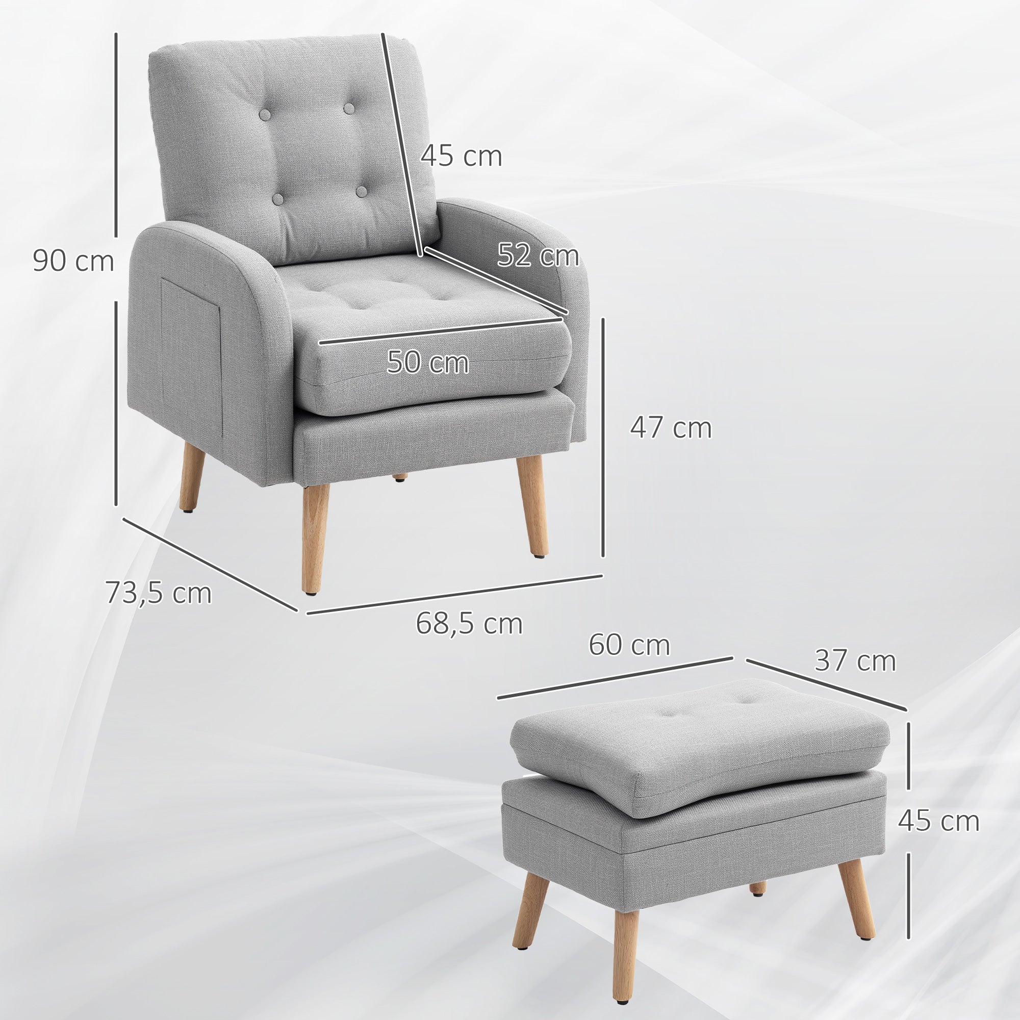 Fauteuil de relaxation avec repose-pied, fauteuil TV avec coussins, 2 poches de rangement, support jusqu'à 120 kg, canapé 1 place capitonné pour salon chambre bureau, en tissu lin gris clair
