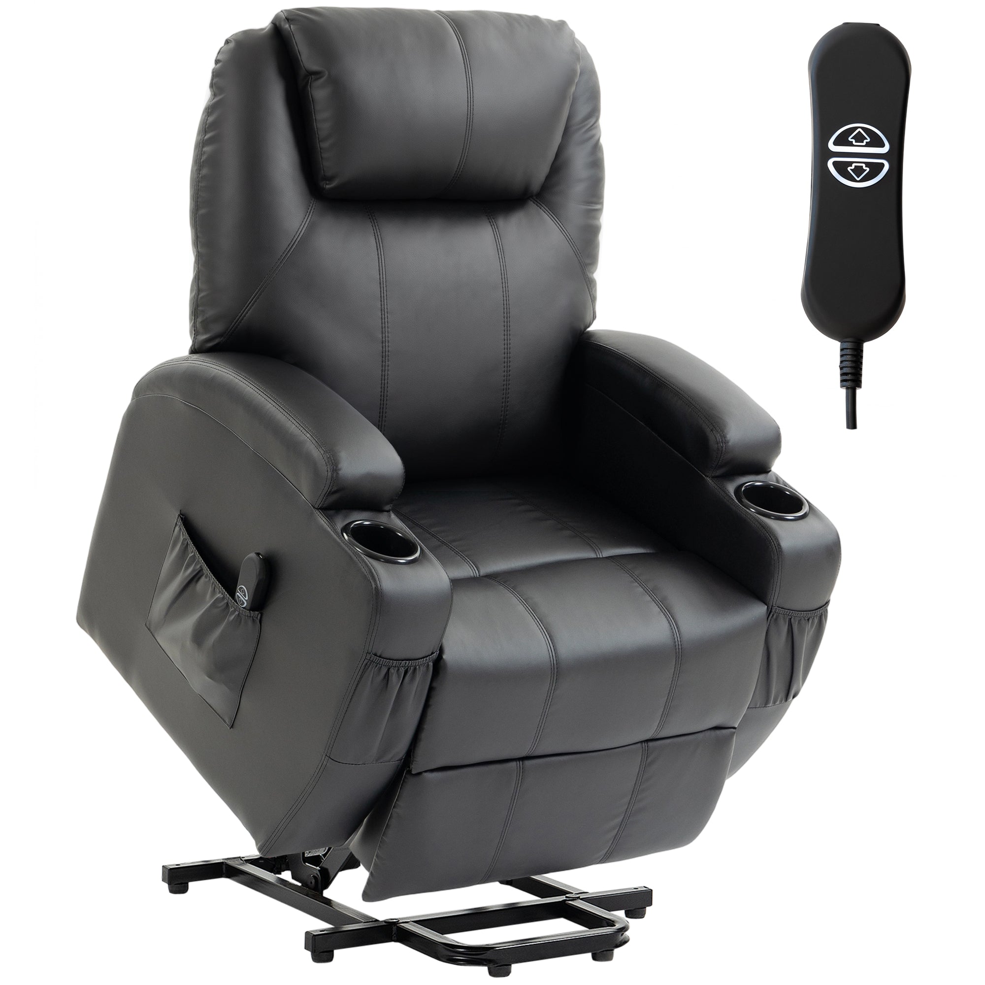 Fauteuil releveur électrique, fauteuil relax électrique en PU, repose-pied, dossier inclinable, port USB, télécommande, porte-gobelets et poches latérales, pour personnes âgées, noir