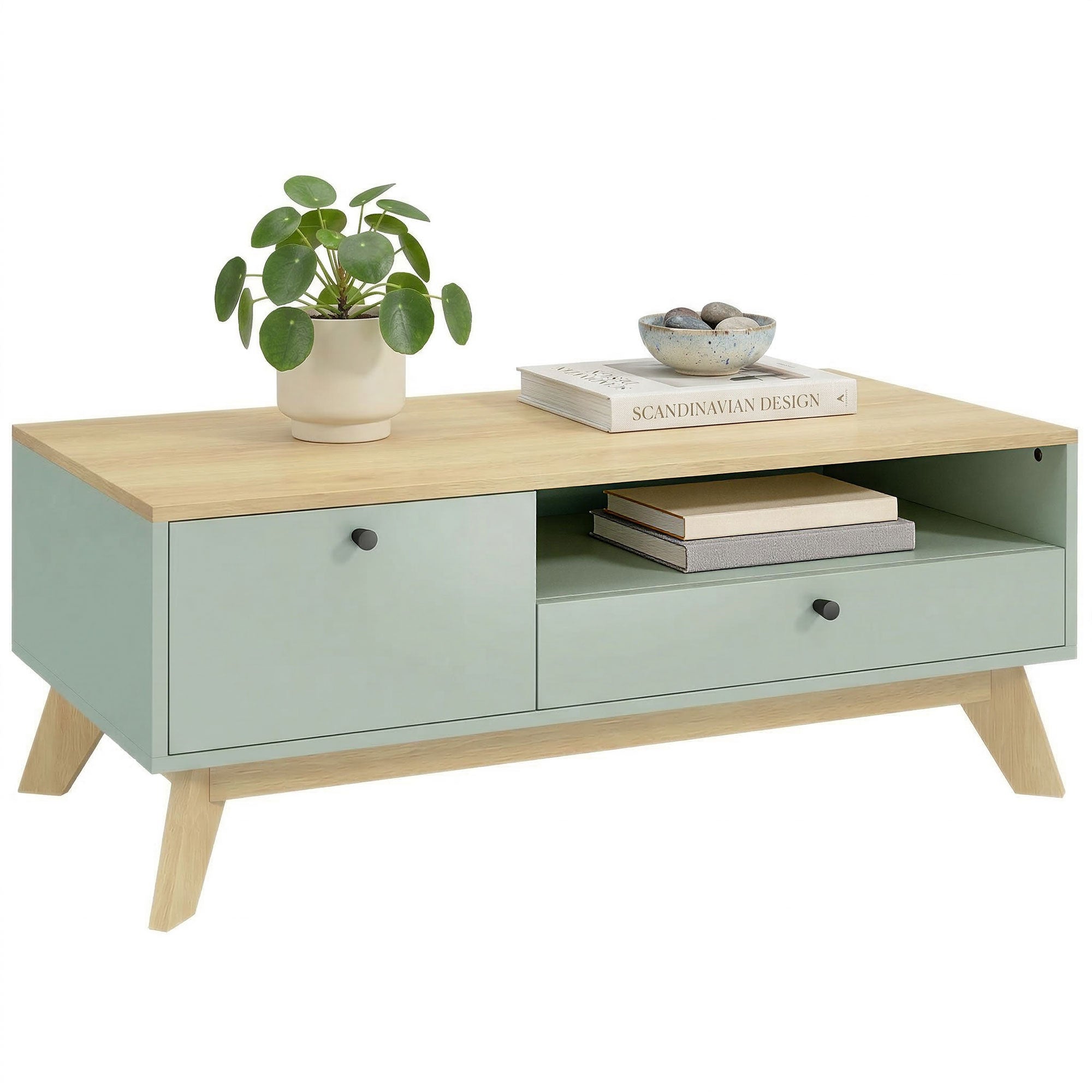 Table basse de salon, table d'appoint rectangulaire avec tiroir, porte et compartiment ouvert, style moderne, pour chambre, séjour et bureau, 100 x 50 x 40 cm, vert clair et chêne