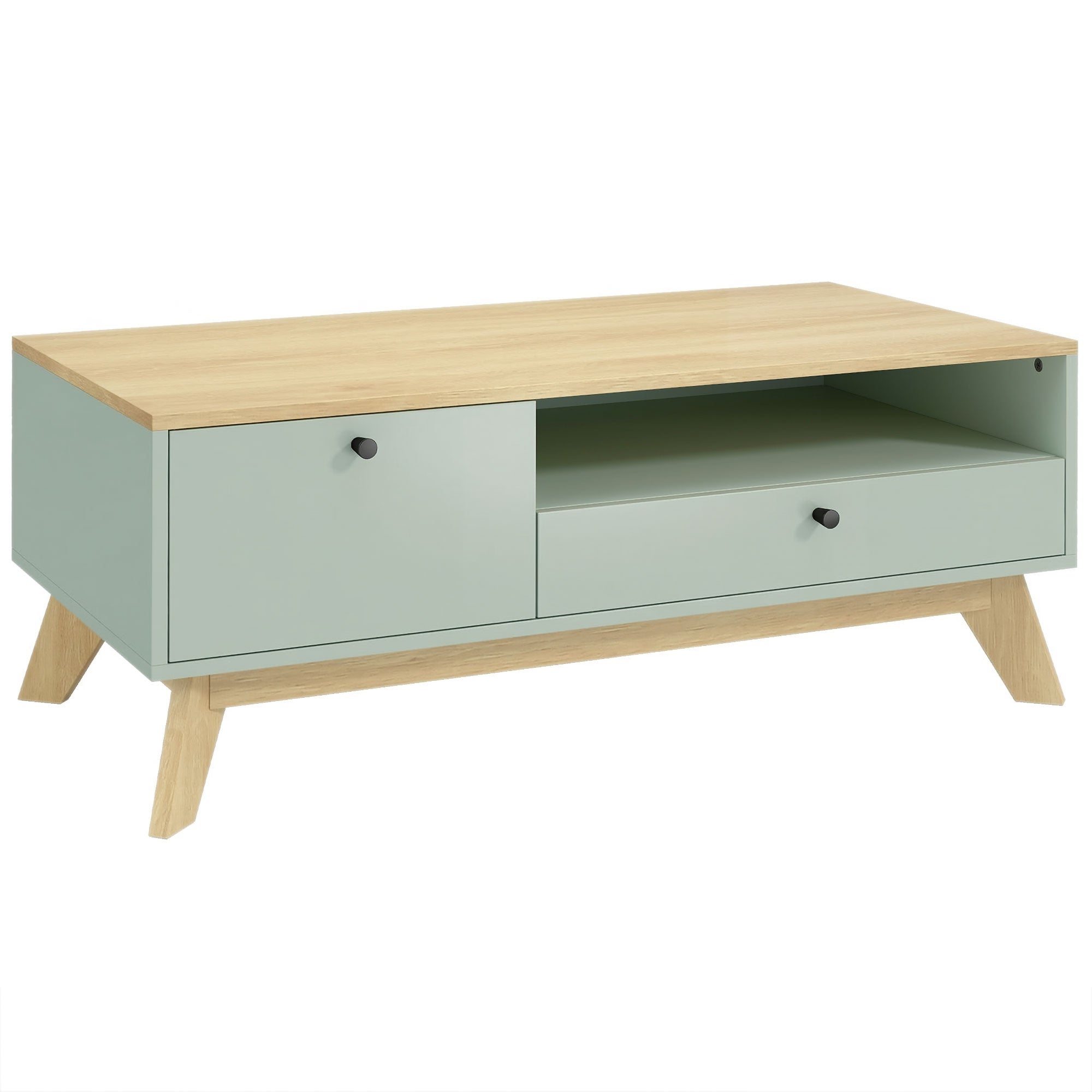 Table basse de salon, table d'appoint rectangulaire avec tiroir, porte et compartiment ouvert, style moderne, pour chambre, séjour et bureau, 100 x 50 x 40 cm, vert clair et chêne
