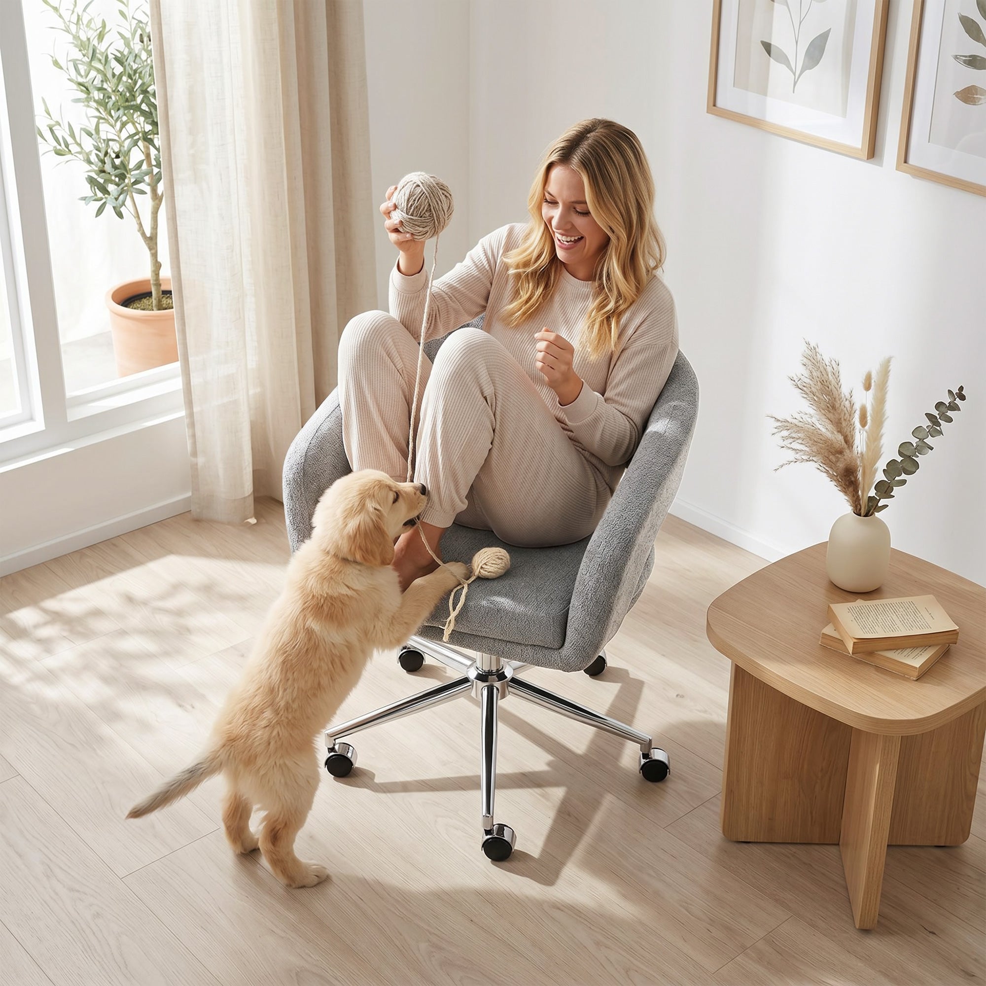 Chaise Bureau Ergonomique, Fauteuil de Bureau en Chenille avec Hauteur Réglable, Dossier Incurvé, Accoudoirs Intégrés et Pivotant à 360°, pour Bureau, Salon, Chambre, Gris