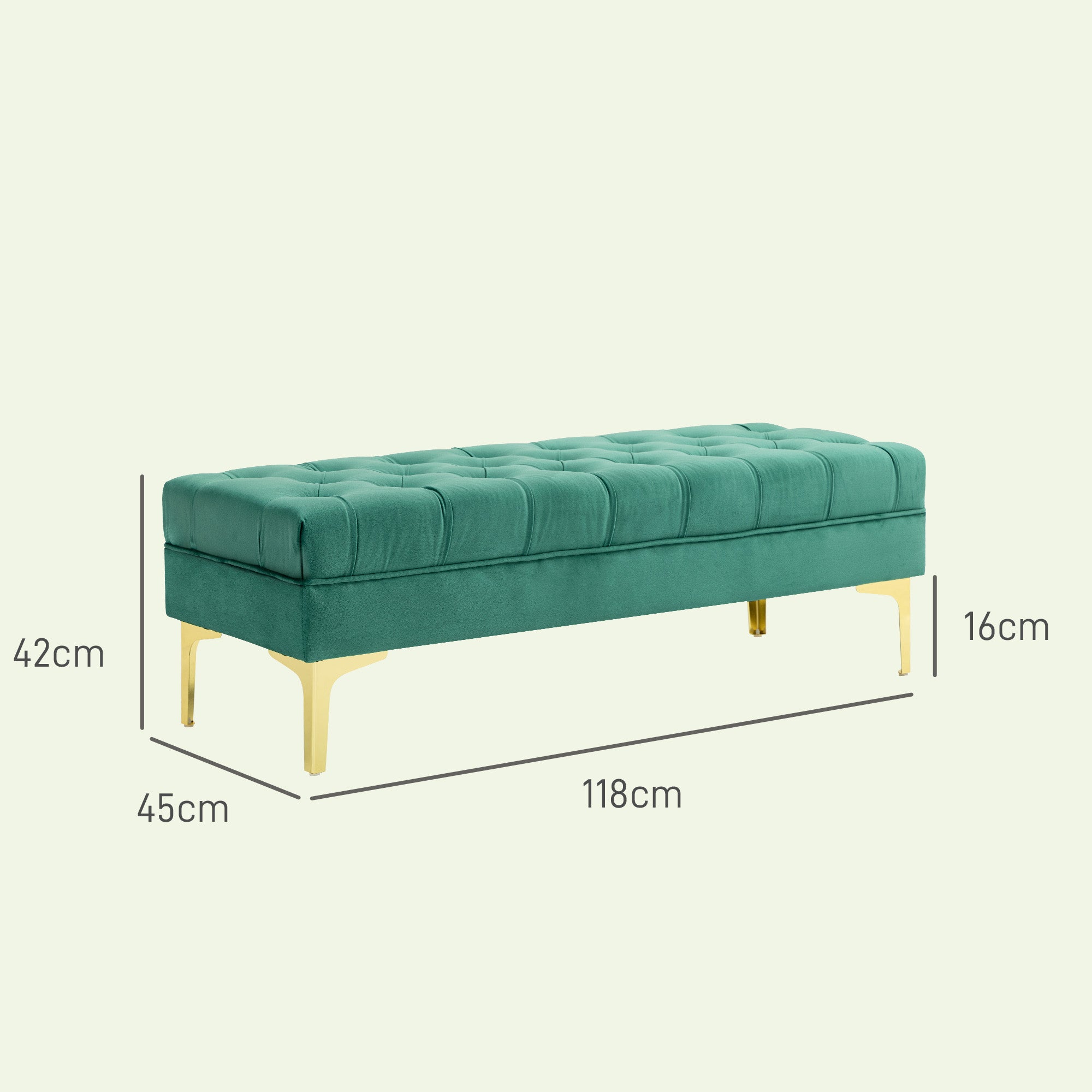 Banc banquette capitonnée bout de lit style classique chic dim. 118L x 45l x 42H cm piètement métal doré velours vert