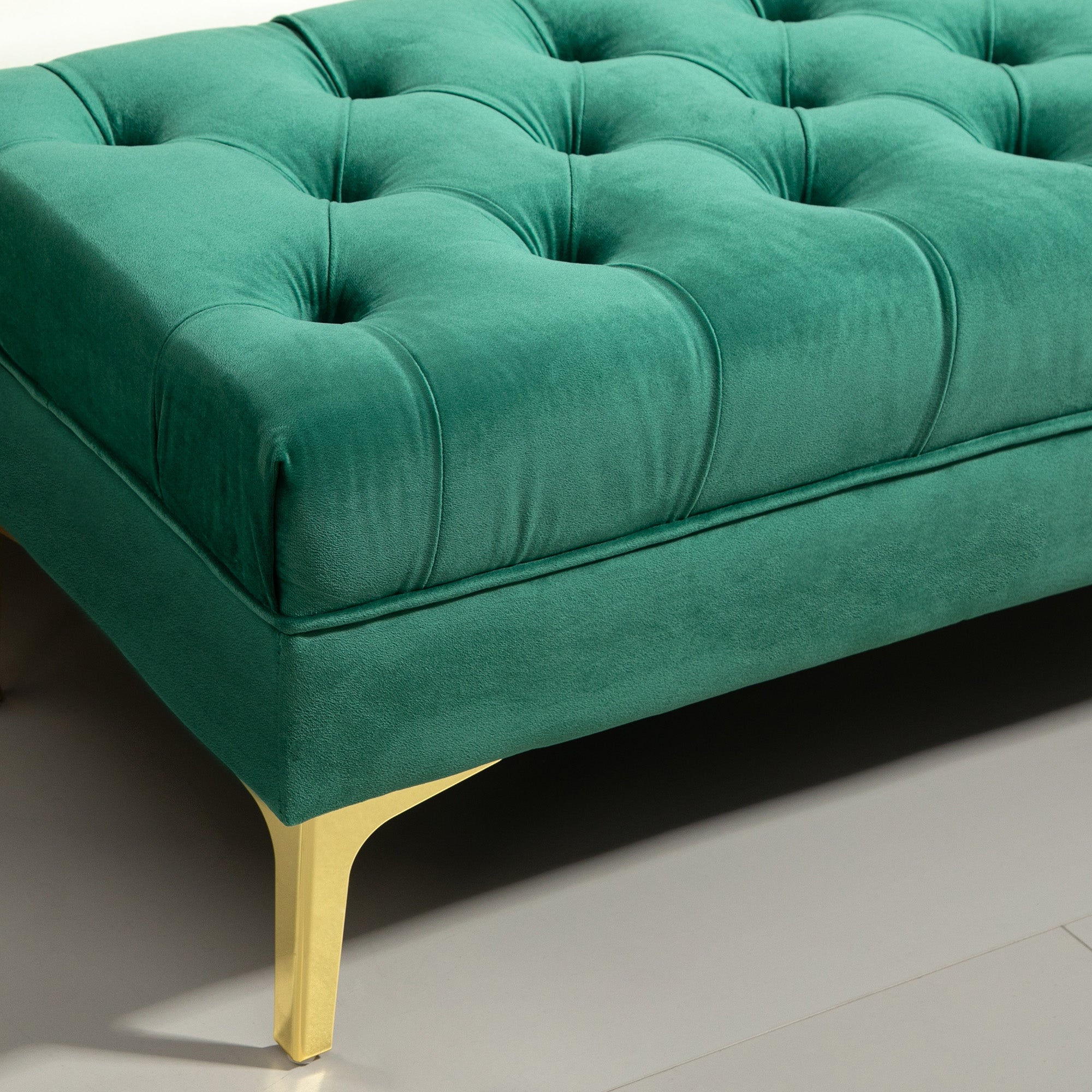Banc banquette capitonnée bout de lit style classique chic dim. 118L x 45l x 42H cm piètement métal doré velours vert