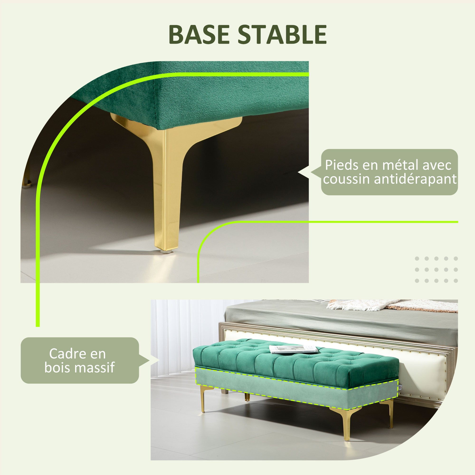 Banc banquette capitonnée bout de lit style classique chic dim. 118L x 45l x 42H cm piètement métal doré velours vert