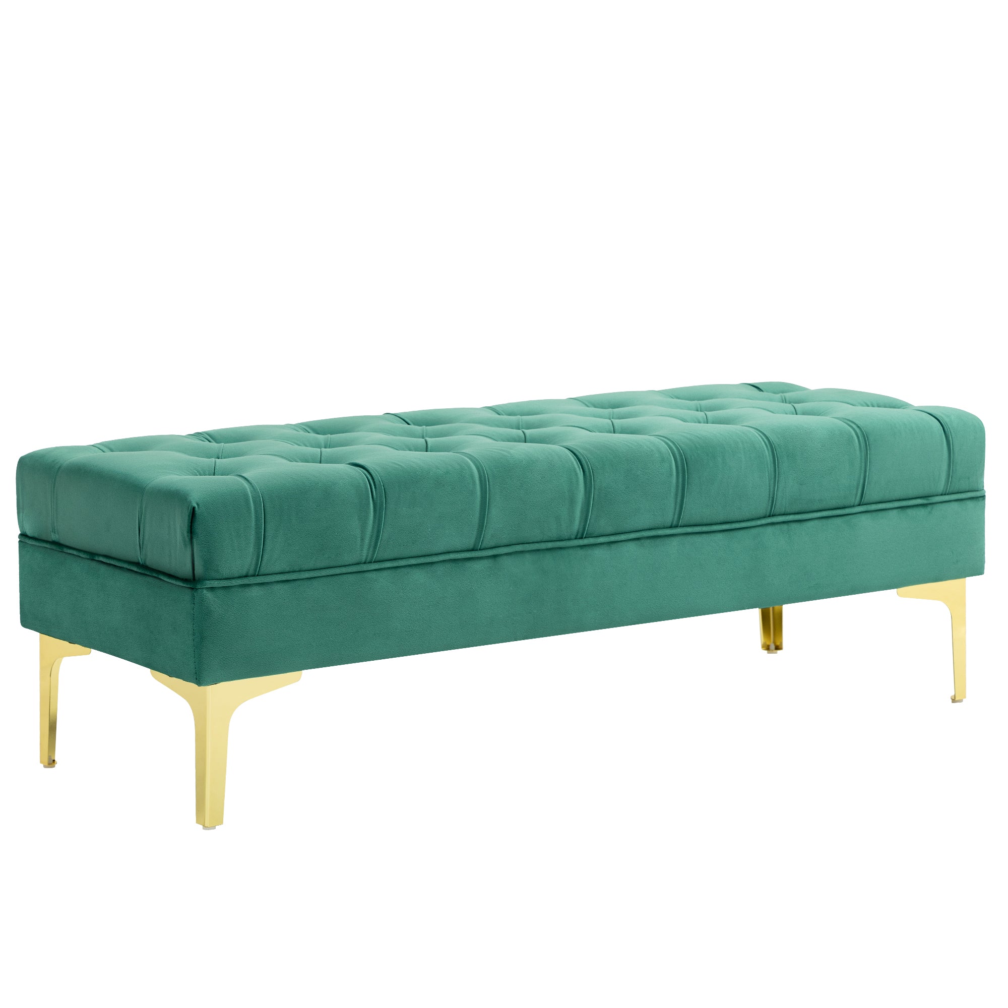 Banc banquette capitonnée bout de lit style classique chic dim. 118L x 45l x 42H cm piètement métal doré velours vert