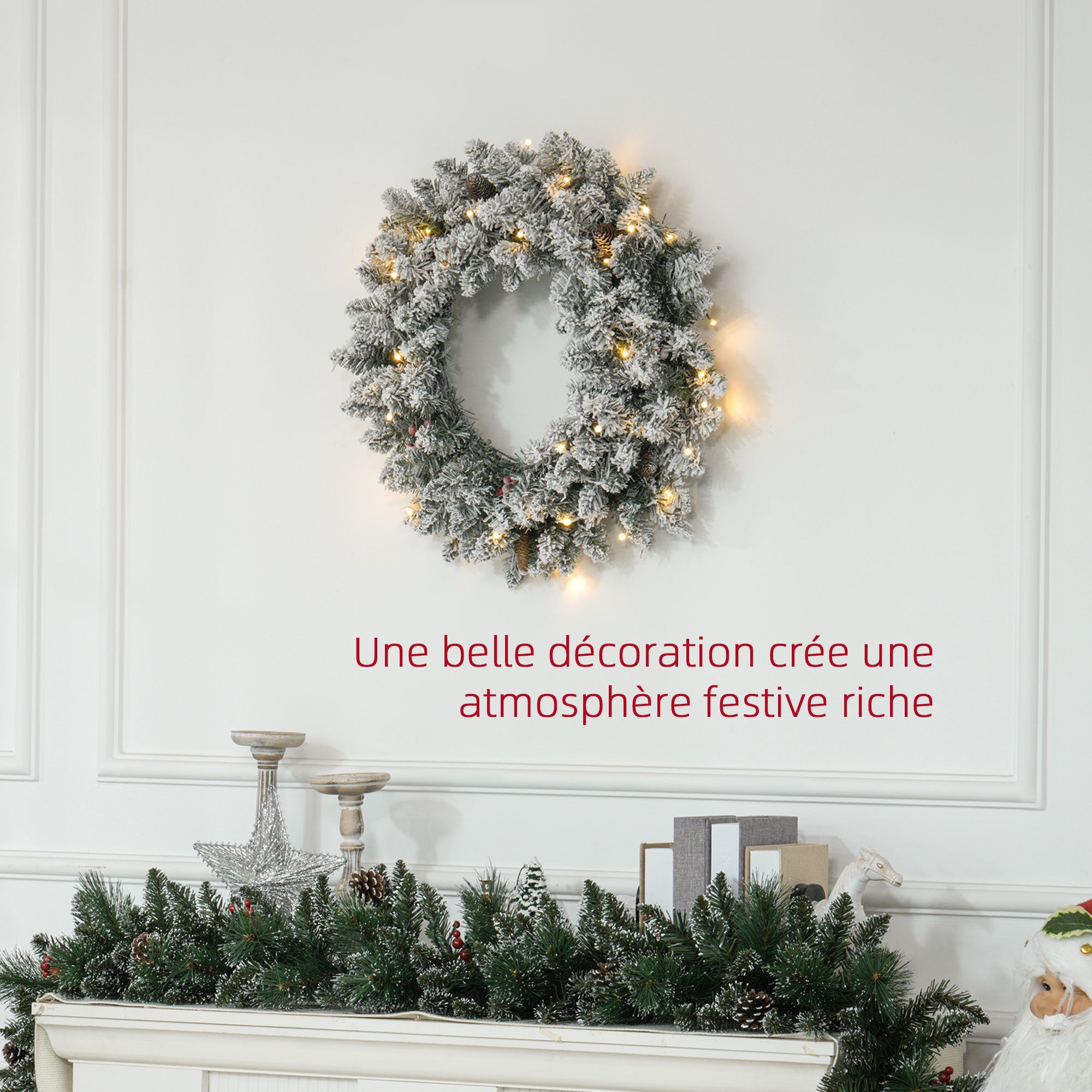 Couronne de Noël porte givrée artificielle 60 CM décoration de Noël lumineuse avec pommes de pin et baies rouges, lumières LED et minuterie, pour porte, fenêtre ou cheminée, vert