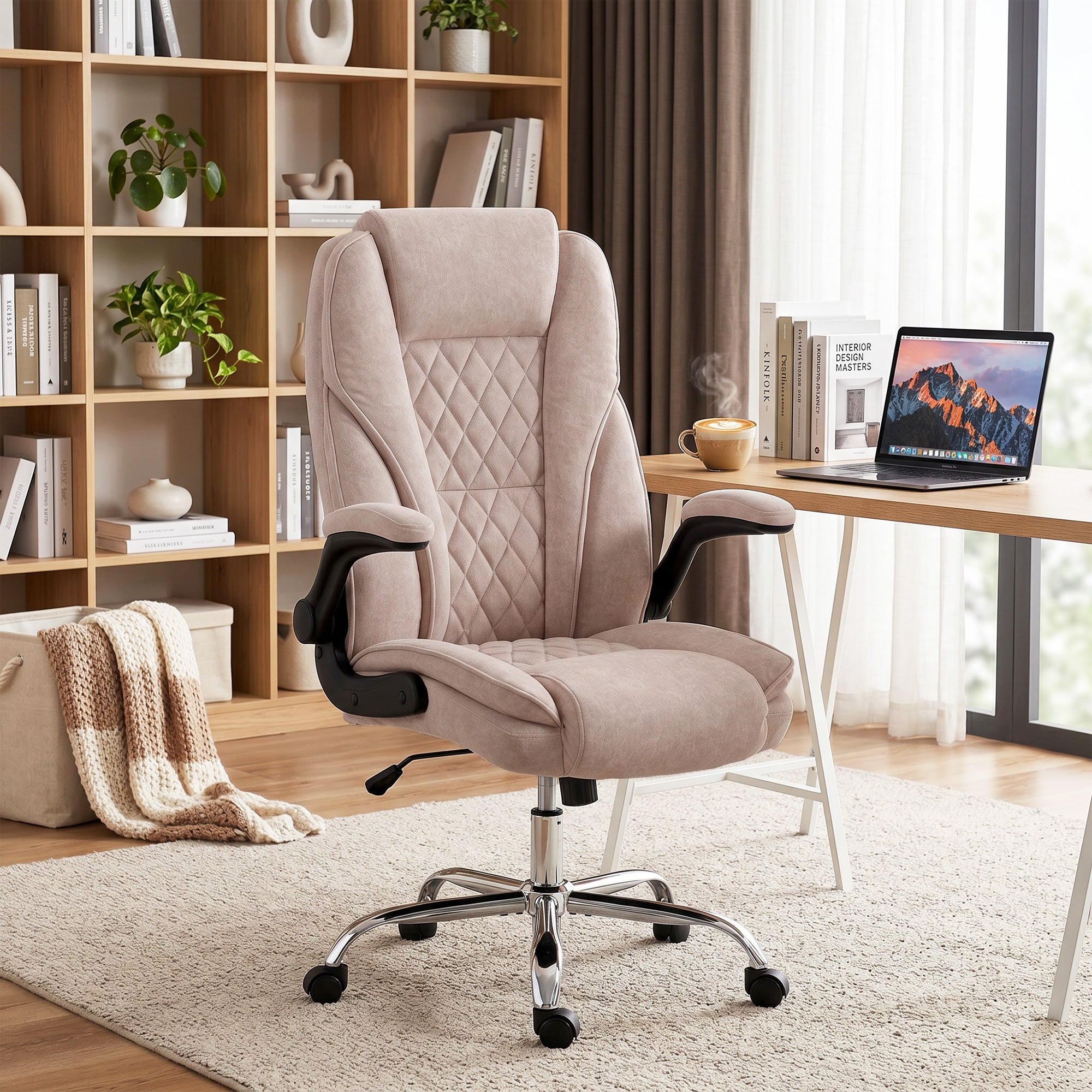 Fauteuil de bureau, chaise bureau ergonomique avec large assise rembourrée, hauteur réglable, accoudoirs relevables, dossier haut, pivotant 360°, tissu en velours, charge 120 Kg, rose