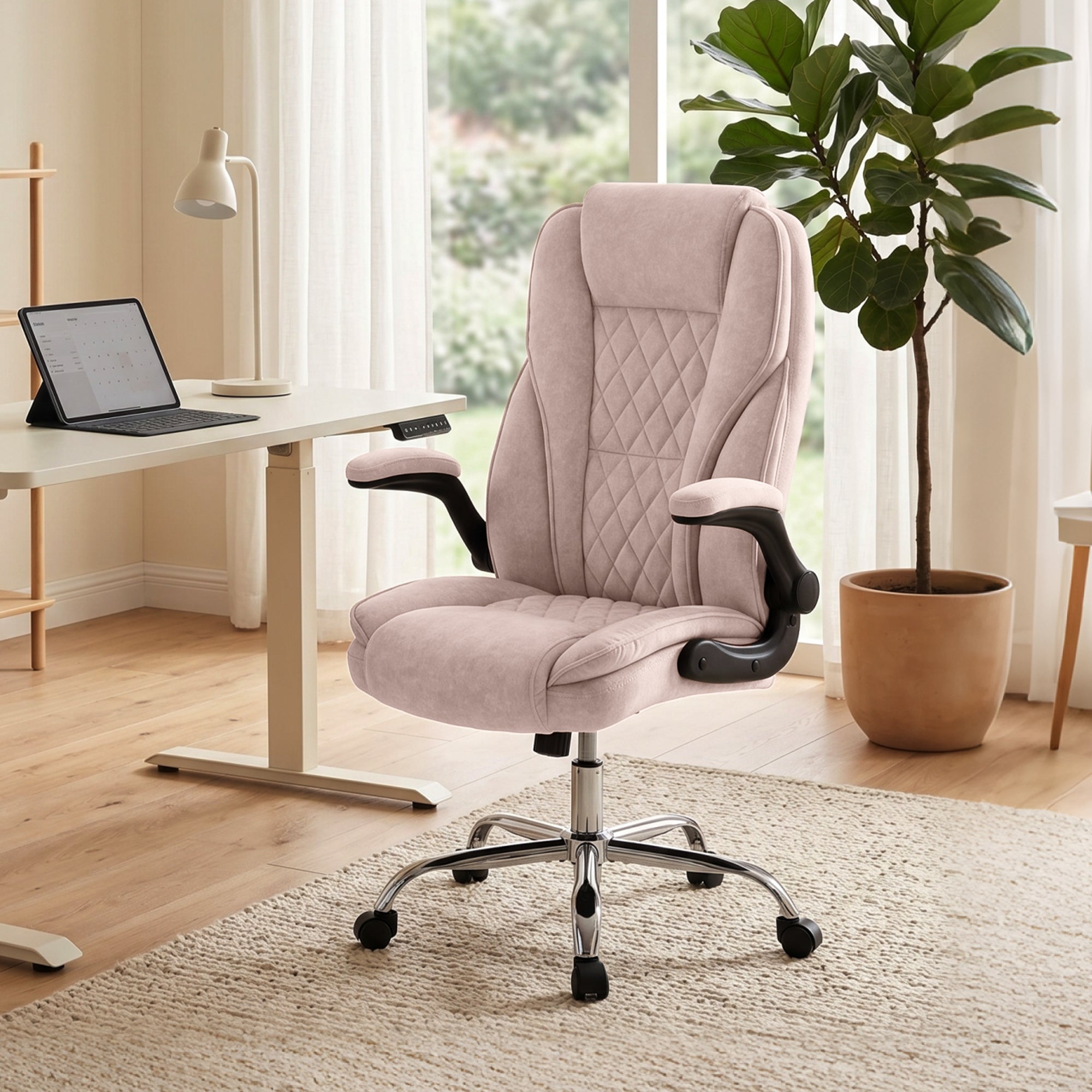 Fauteuil de bureau, chaise bureau ergonomique avec large assise rembourrée, hauteur réglable, accoudoirs relevables, dossier haut, pivotant 360°, tissu en velours, charge 120 Kg, rose