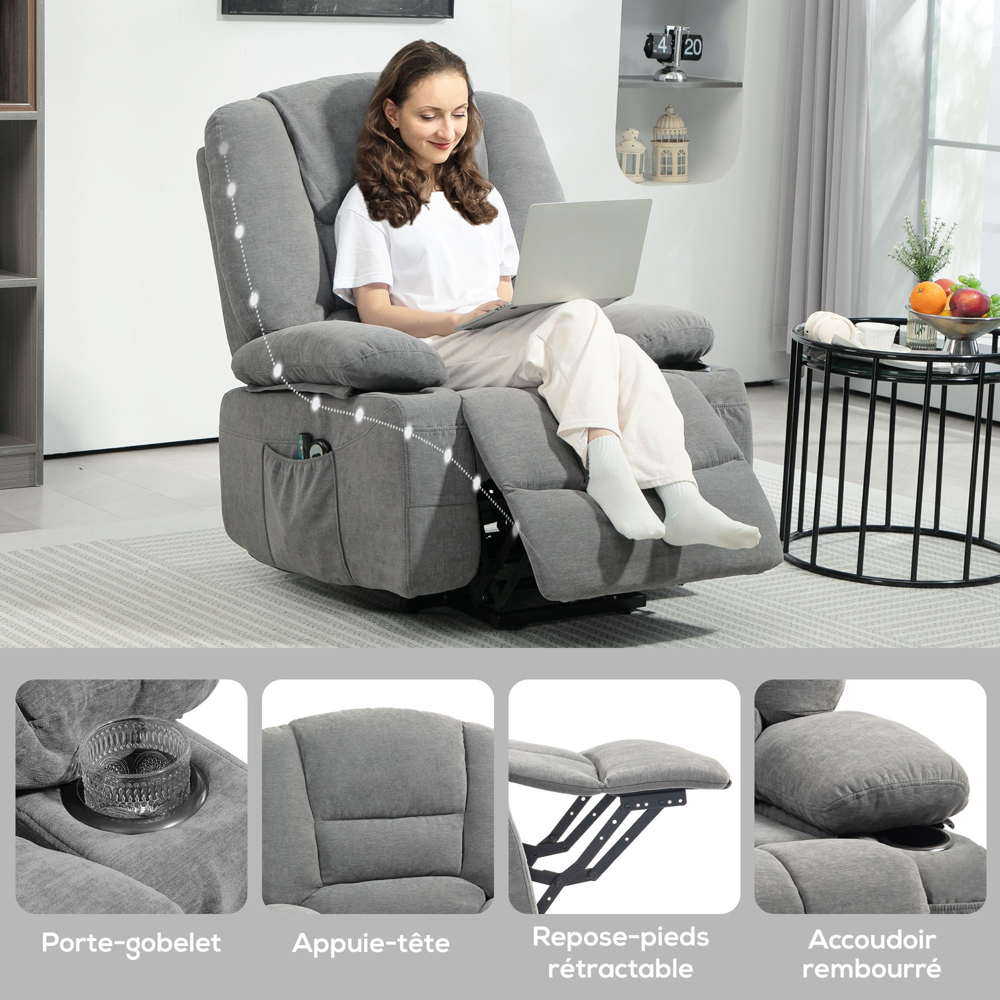 Fauteuil releveur électrique, fauteuil relax électrique, avec fonction massage et chaleur, inclinaison réglable, repose-pied, 2 télécommandes, dim. 97L x 90l x 102H cm gris foncé