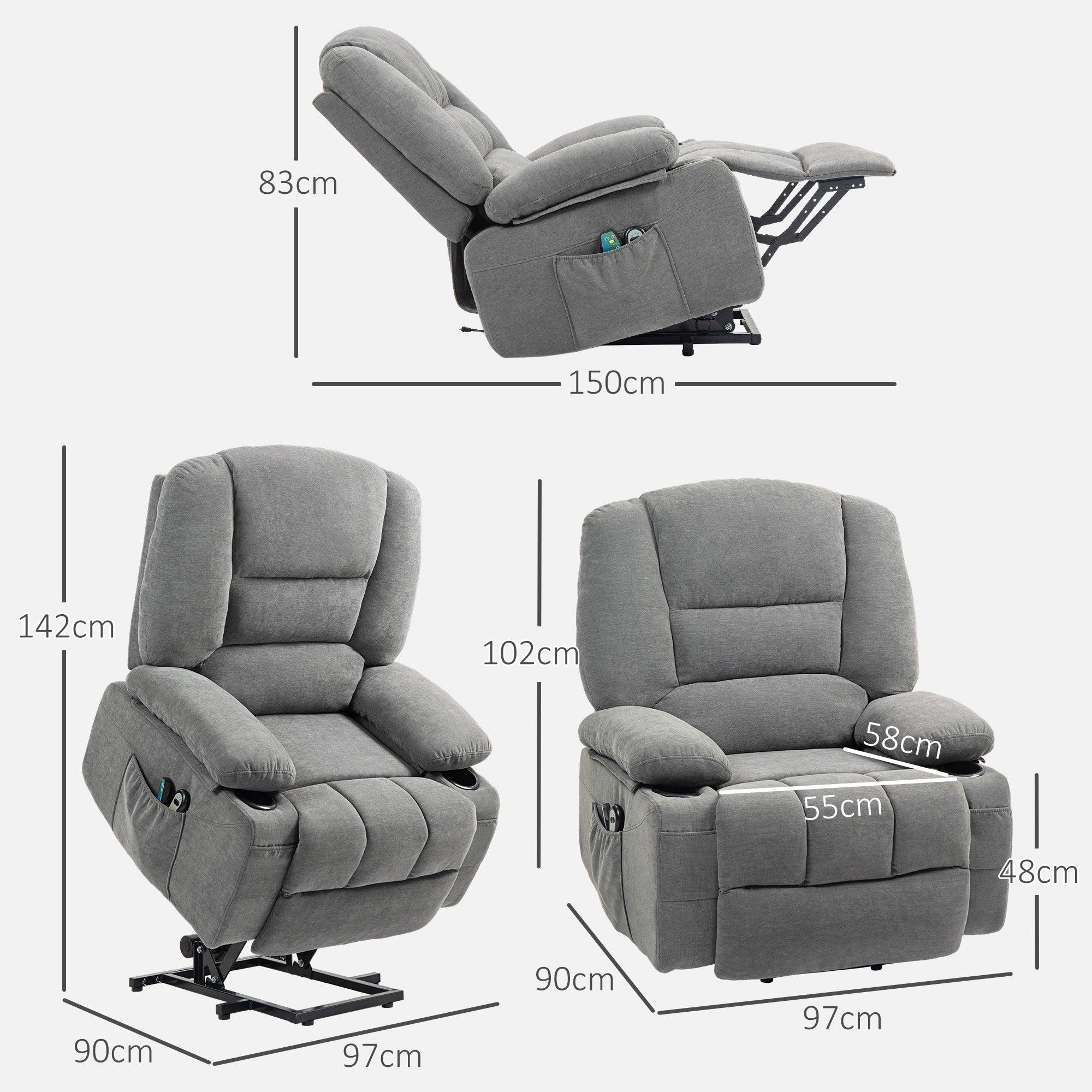 Fauteuil releveur électrique, fauteuil relax électrique, avec fonction massage et chaleur, inclinaison réglable, repose-pied, 2 télécommandes, dim. 97L x 90l x 102H cm gris foncé