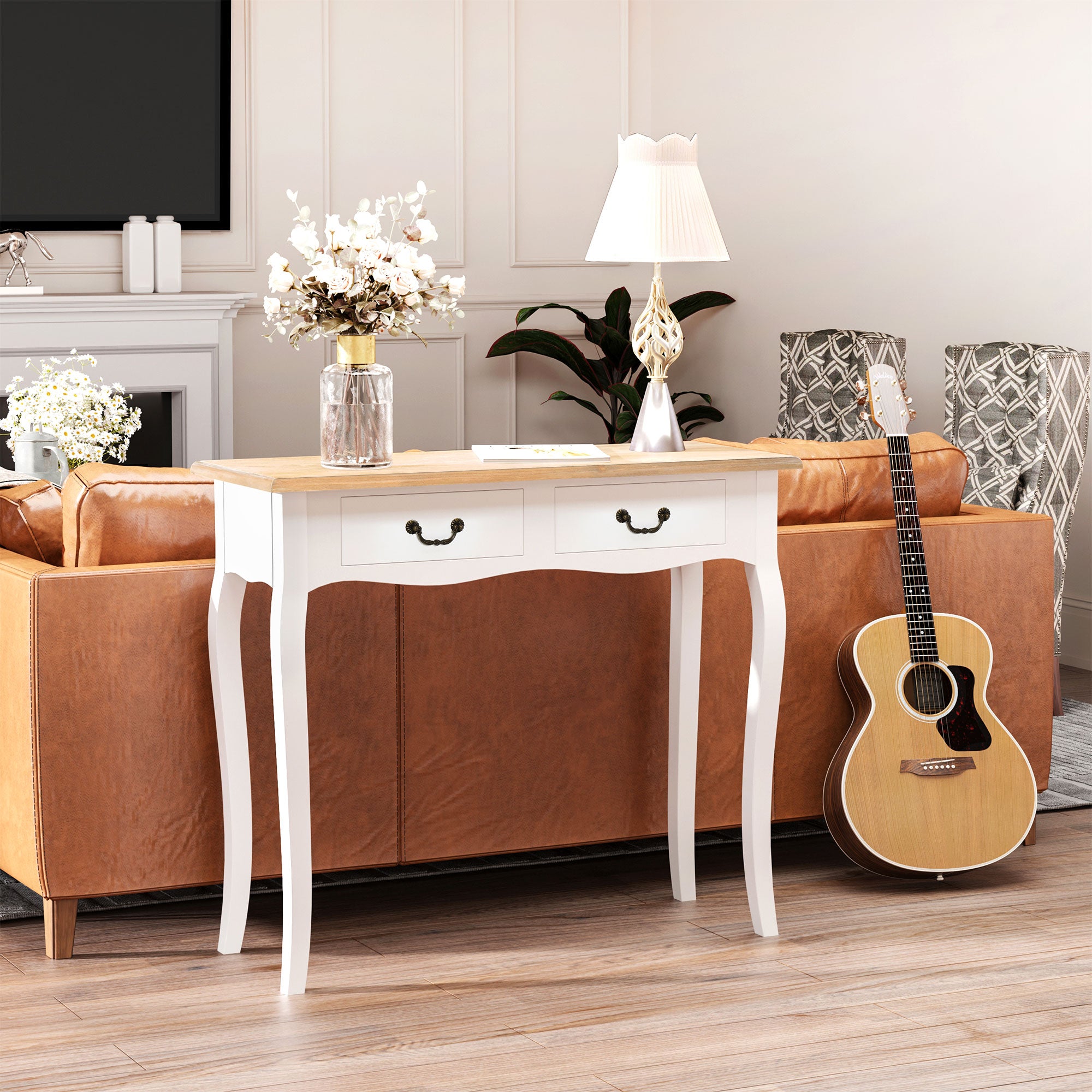 Table Console Table d'entrée Bout de Canapé Style Mexicain 2 tiroirs dim. 87L x 34l x 78H cm MDF Bois Massif pin Clair Blanc