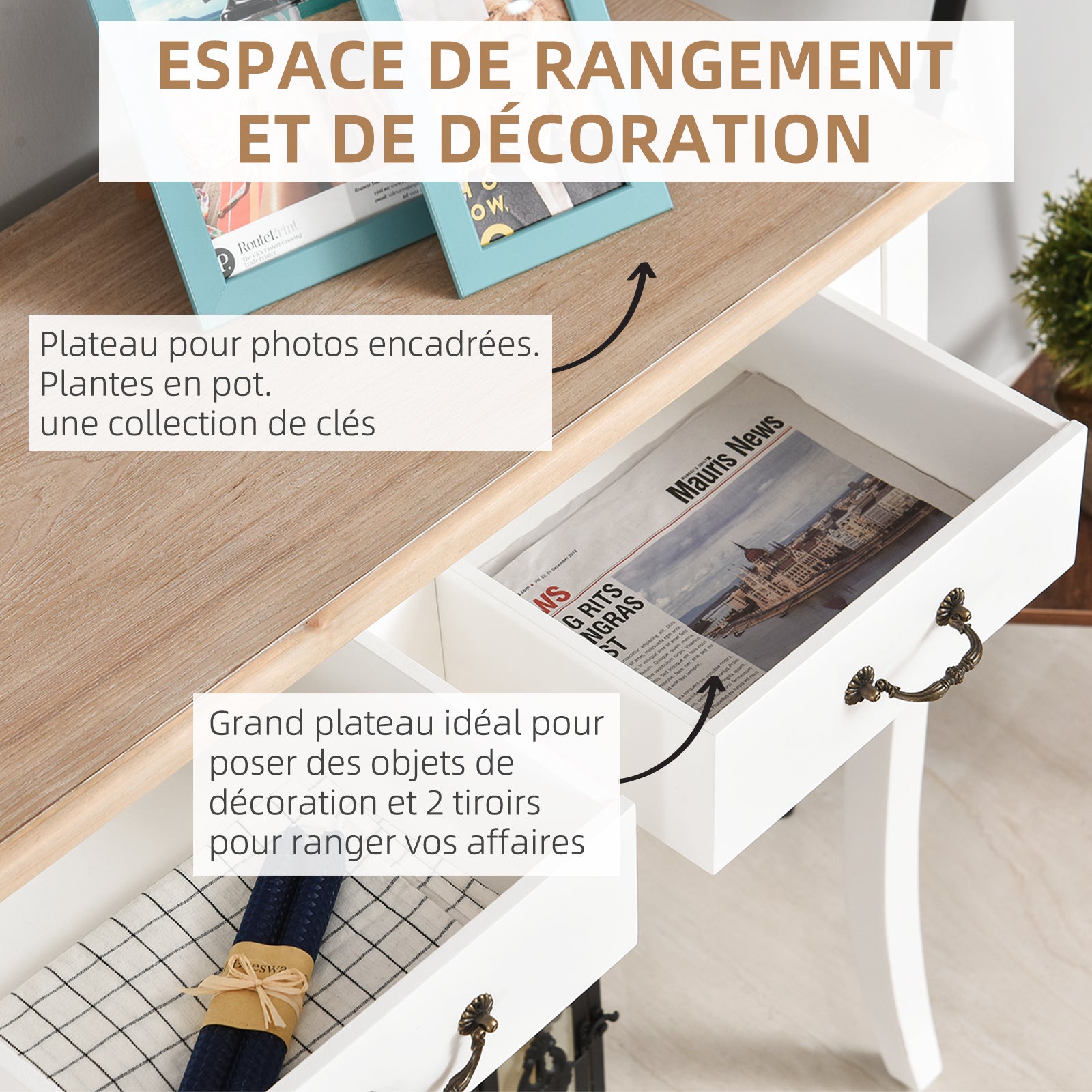 Table Console Table d'entrée Bout de Canapé Style Mexicain 2 tiroirs dim. 87L x 34l x 78H cm MDF Bois Massif pin Clair Blanc