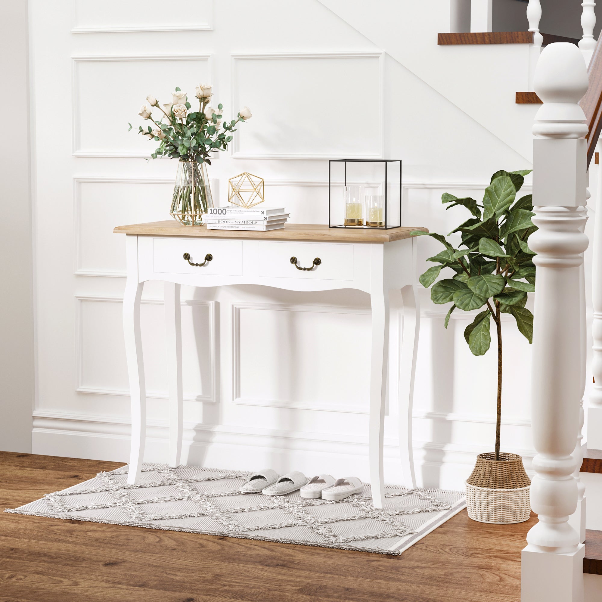Table Console Table d'entrée Bout de Canapé Style Mexicain 2 tiroirs dim. 87L x 34l x 78H cm MDF Bois Massif pin Clair Blanc