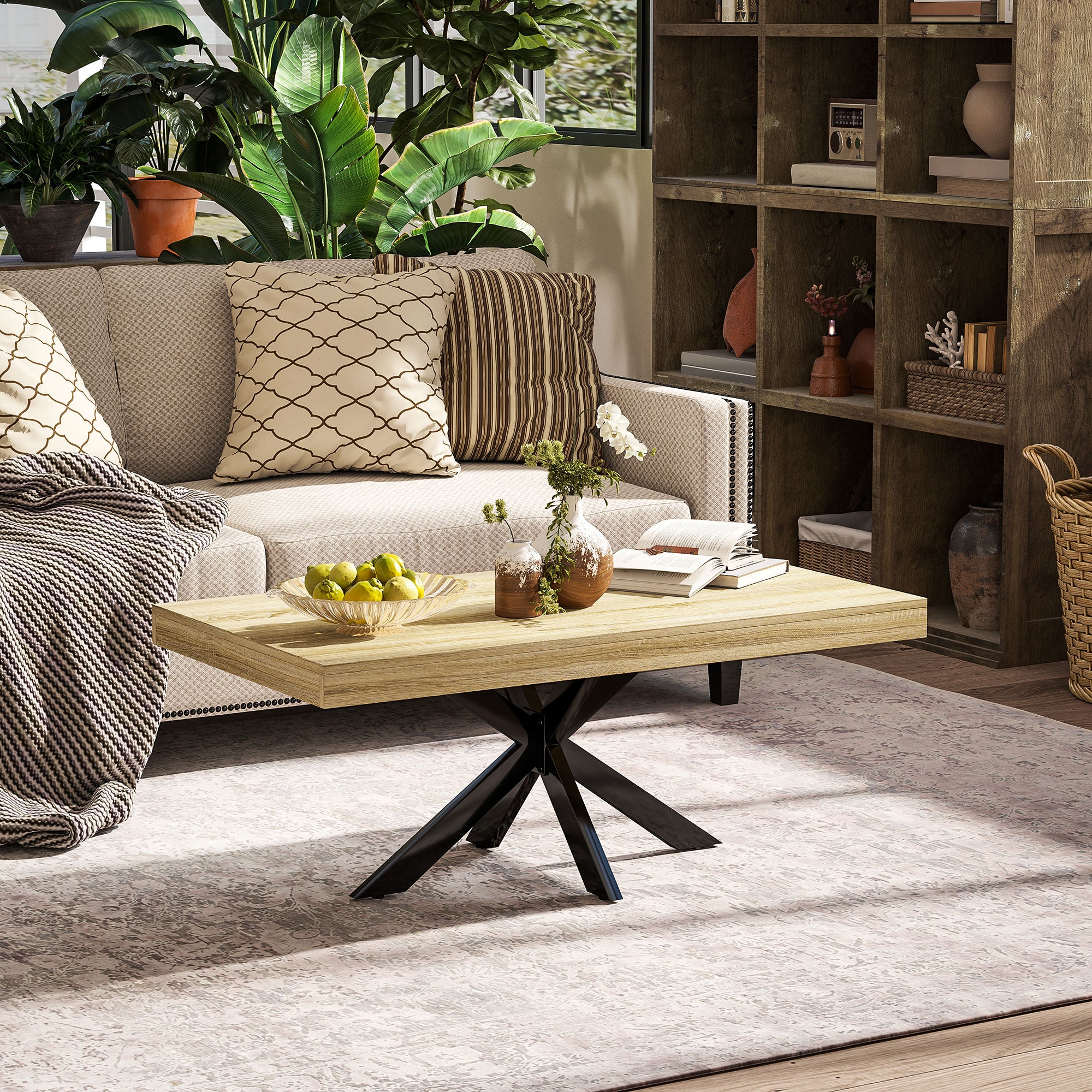 Table Basse rectangulaire table d'appoint Style Industriel en métal Noir et Plateau aspect Bois - dim. 110 x 60 x 45cm