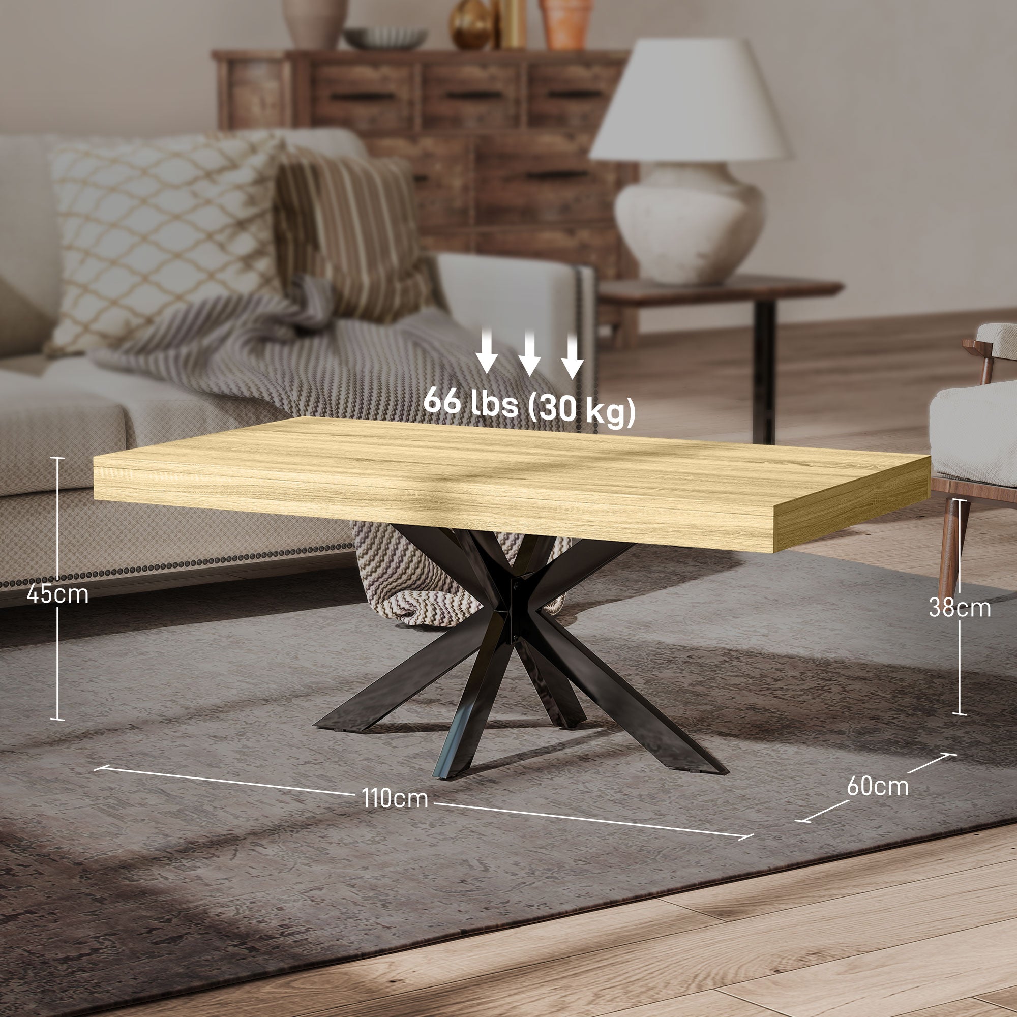 Table Basse rectangulaire table d'appoint Style Industriel en métal Noir et Plateau aspect Bois - dim. 110 x 60 x 45cm
