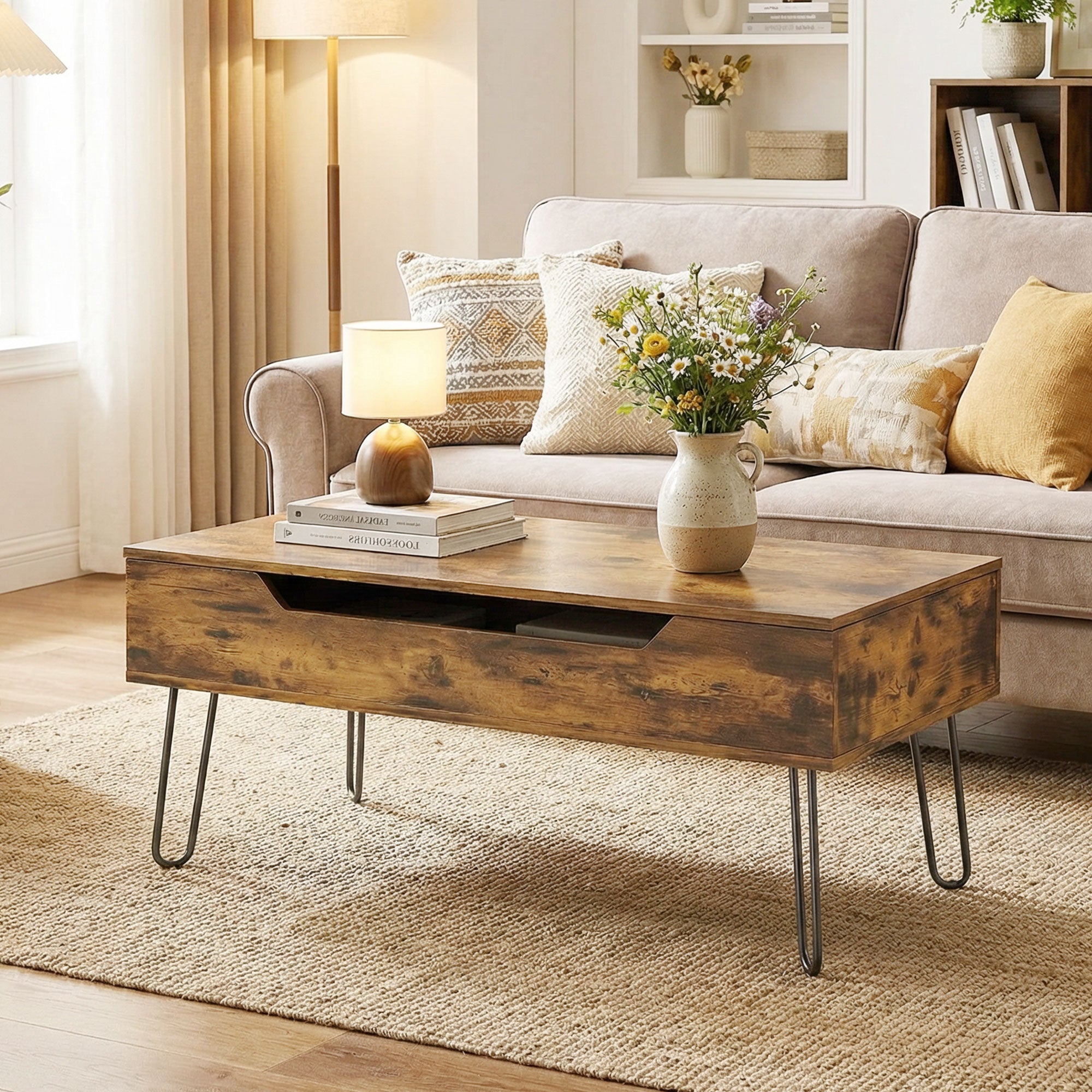Table Basse Rectangulaire en Bois avec Grand Rangement Caché, Hauteur Réglable, Table de Salon Industrielle avec Pieds en Métal, pour Chambre, Séjour, Bureau, 95 x 50 x 40 cm, Marron Rustique