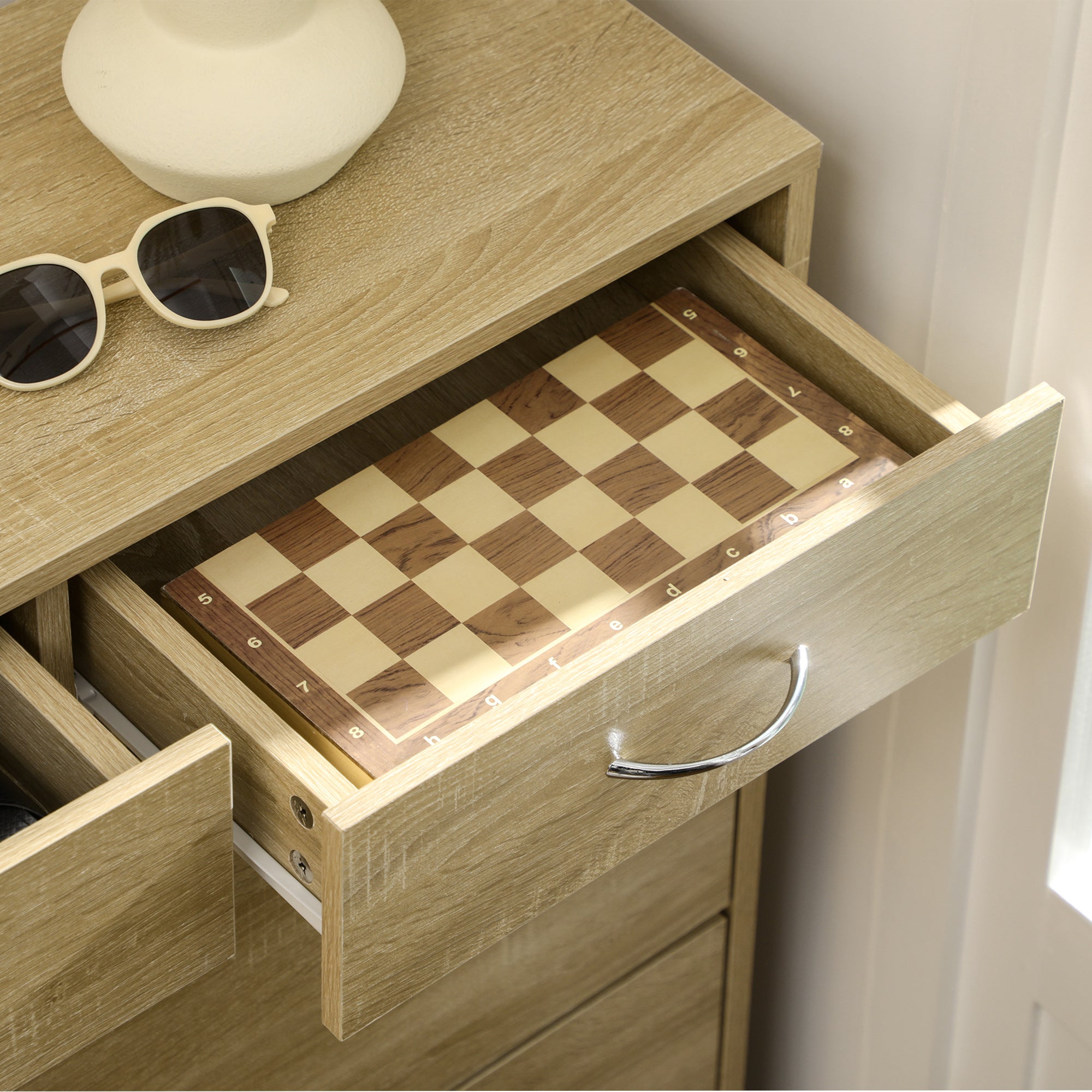 Meuble à chaussures armoire à chaussures - 2 tiroirs et 2 portes abattantes avec étagère réglable - 80 x 30 x 91,5 cm - poignées alu. naturel