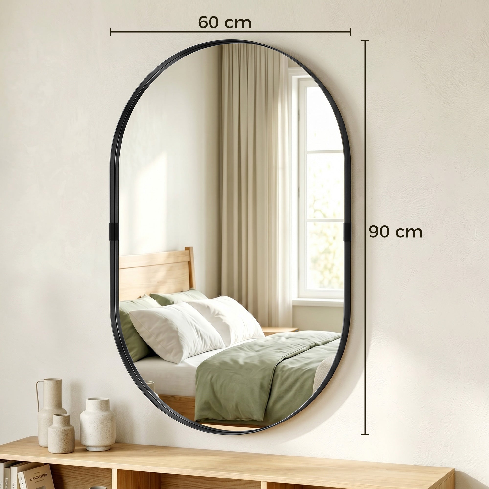 Miroir mural, miroir décoratif 60 x 90 cm en verre trempé et cadre en aluminium, pour salle de bain, chambre, salon, couloir, noir
