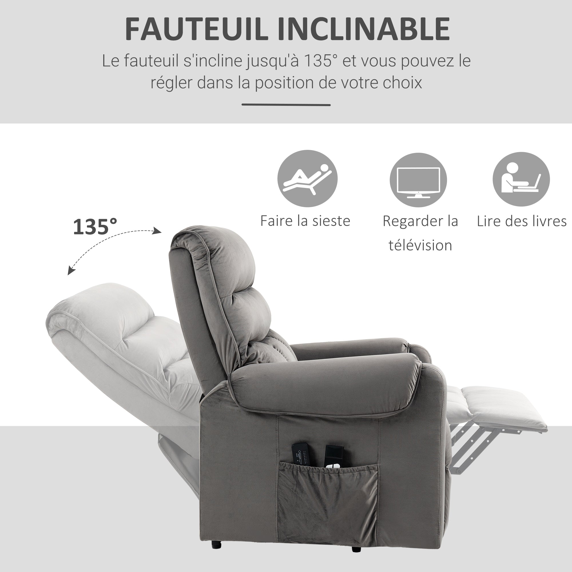 Fauteuil releveur fauteuil de relaxation électrique massant inclinable structure en acier revêtement en velours avec repose-pied 2 télécommandes pochette latérale 79 x 97 x 103 cm gris