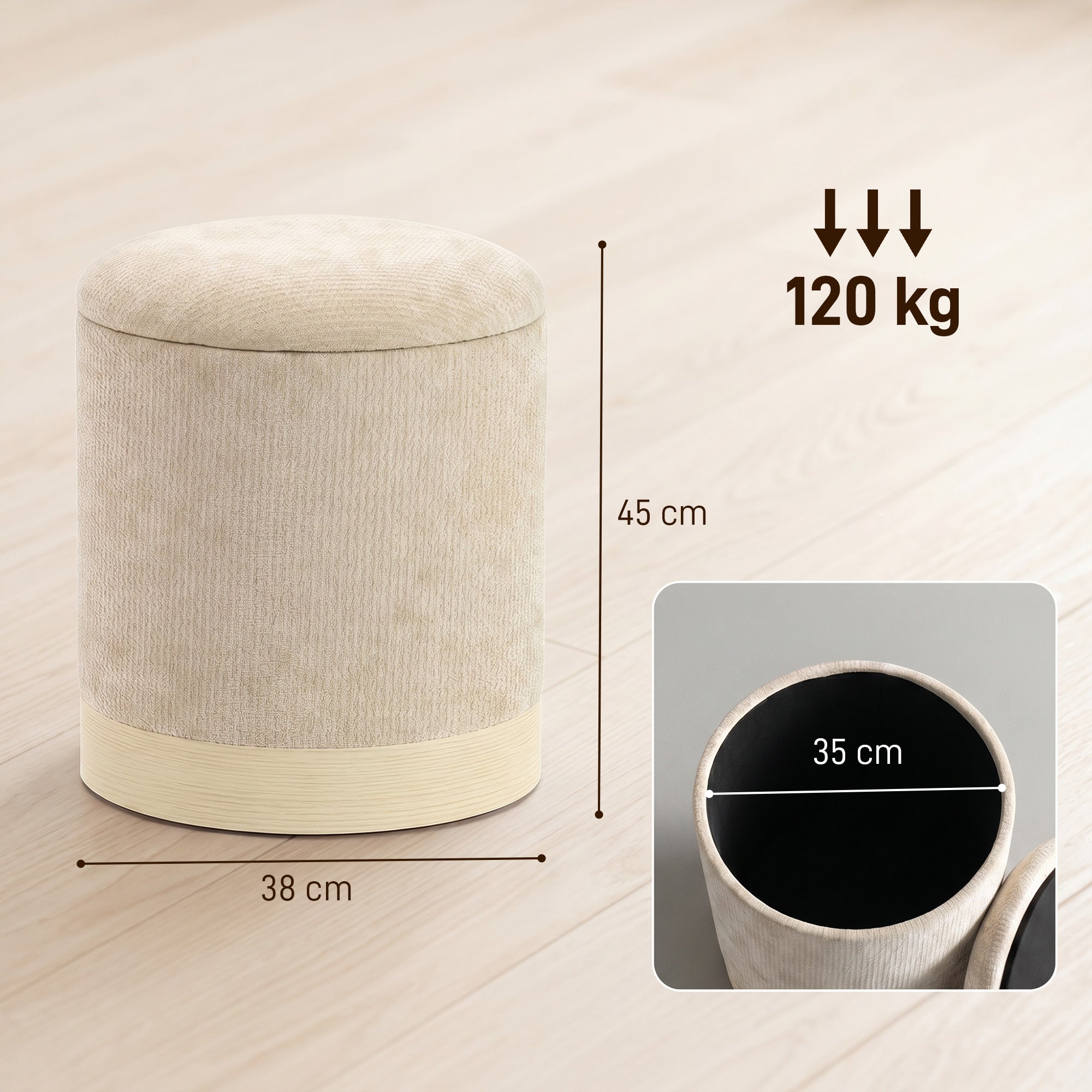 Pouf coffre rangement, tabouret rond en chenille, pouf repose-pieds avec base en métal effet bois, pour la chambre à coucher, entrée, salon, charge 120 Kg, Ø 38 x 45 cm, beige