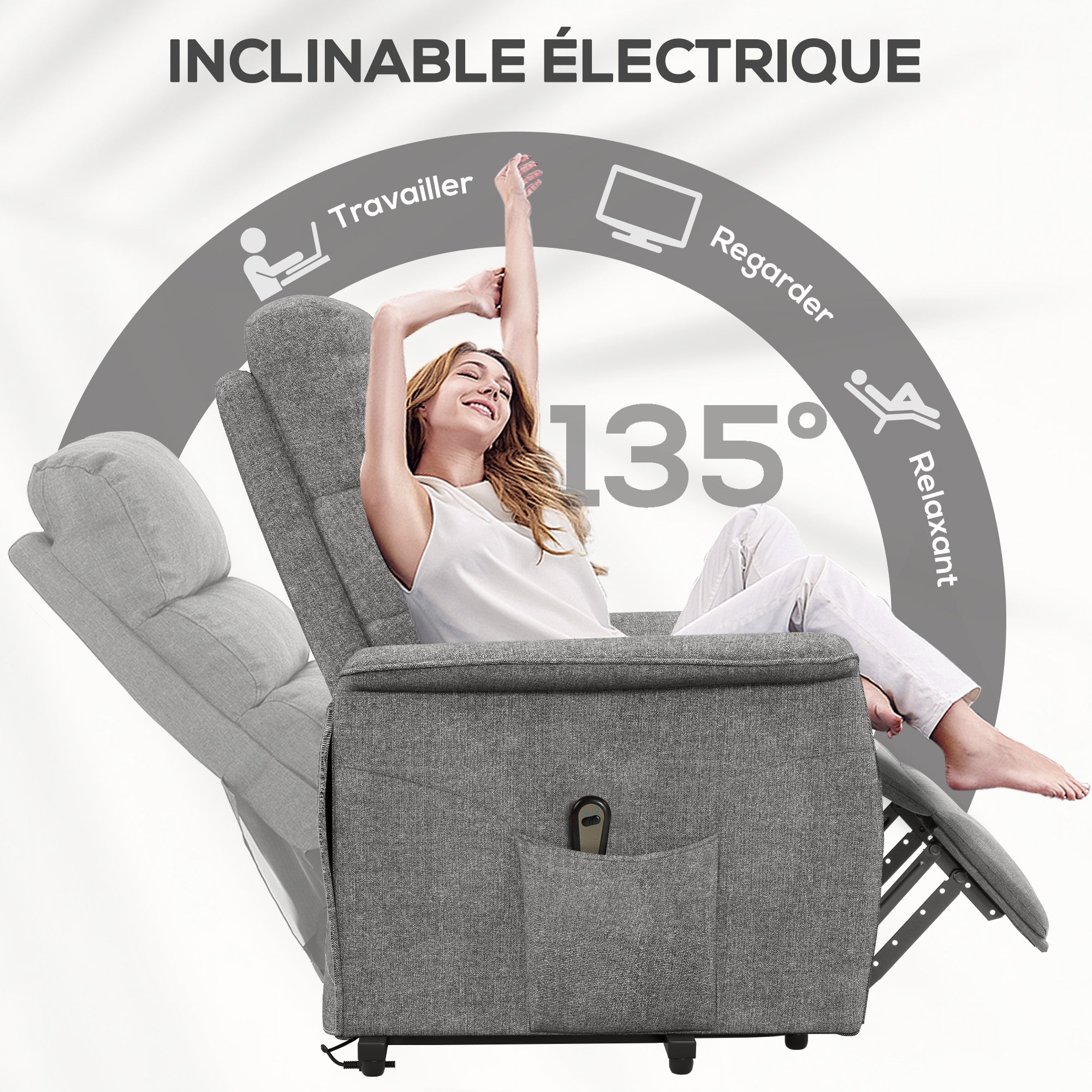 Fauteuil releveur électrique Fauteuil de Relaxation inclinable avec Repose-Pied, télécommande, Pochette, Tissu de Lin, Gris