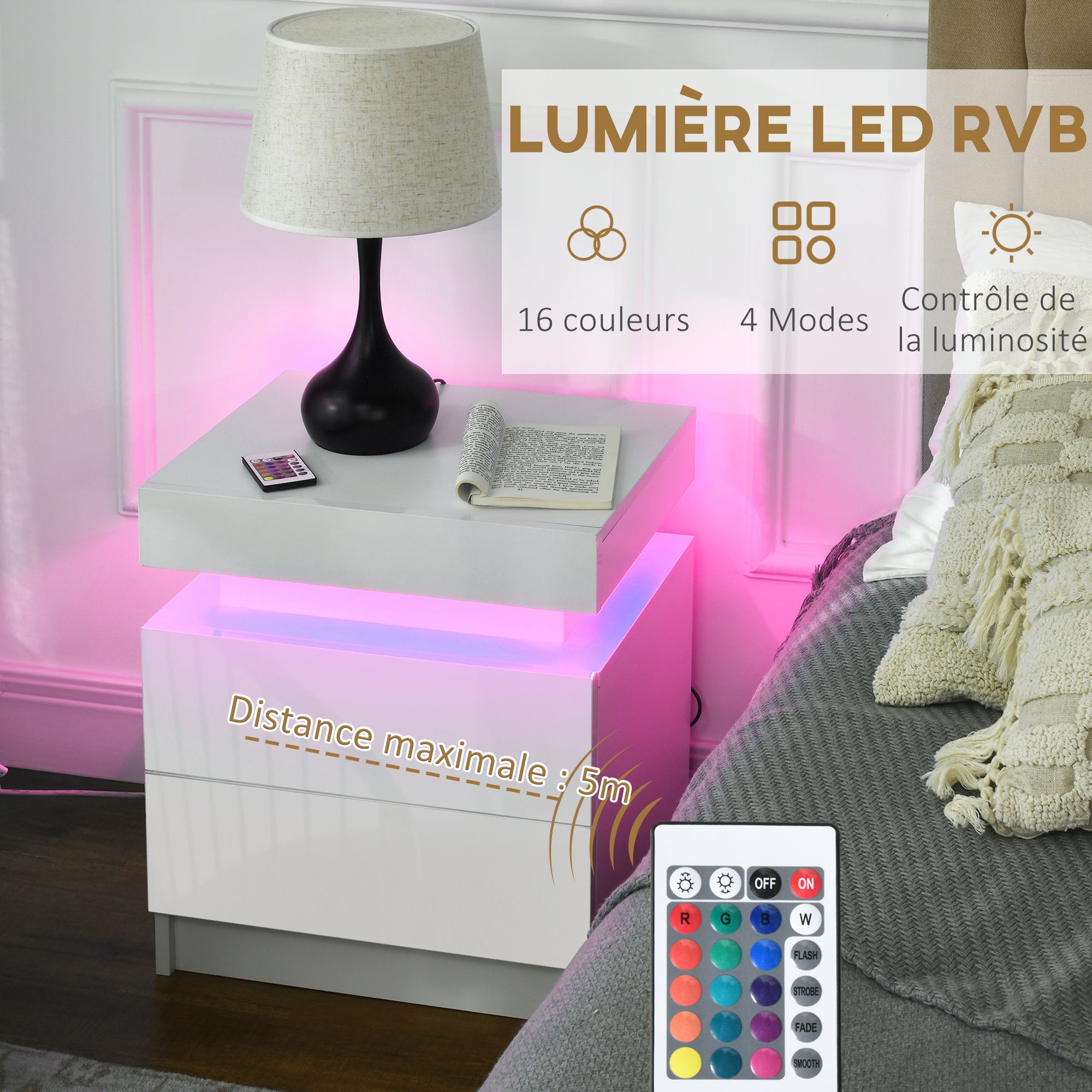 Table de chevet, table de nuit, avec lumière LED RVB, panneau haute brillance, table d'appoint avec 2 tiroirs, pour salon, chambre à coucher, blanc