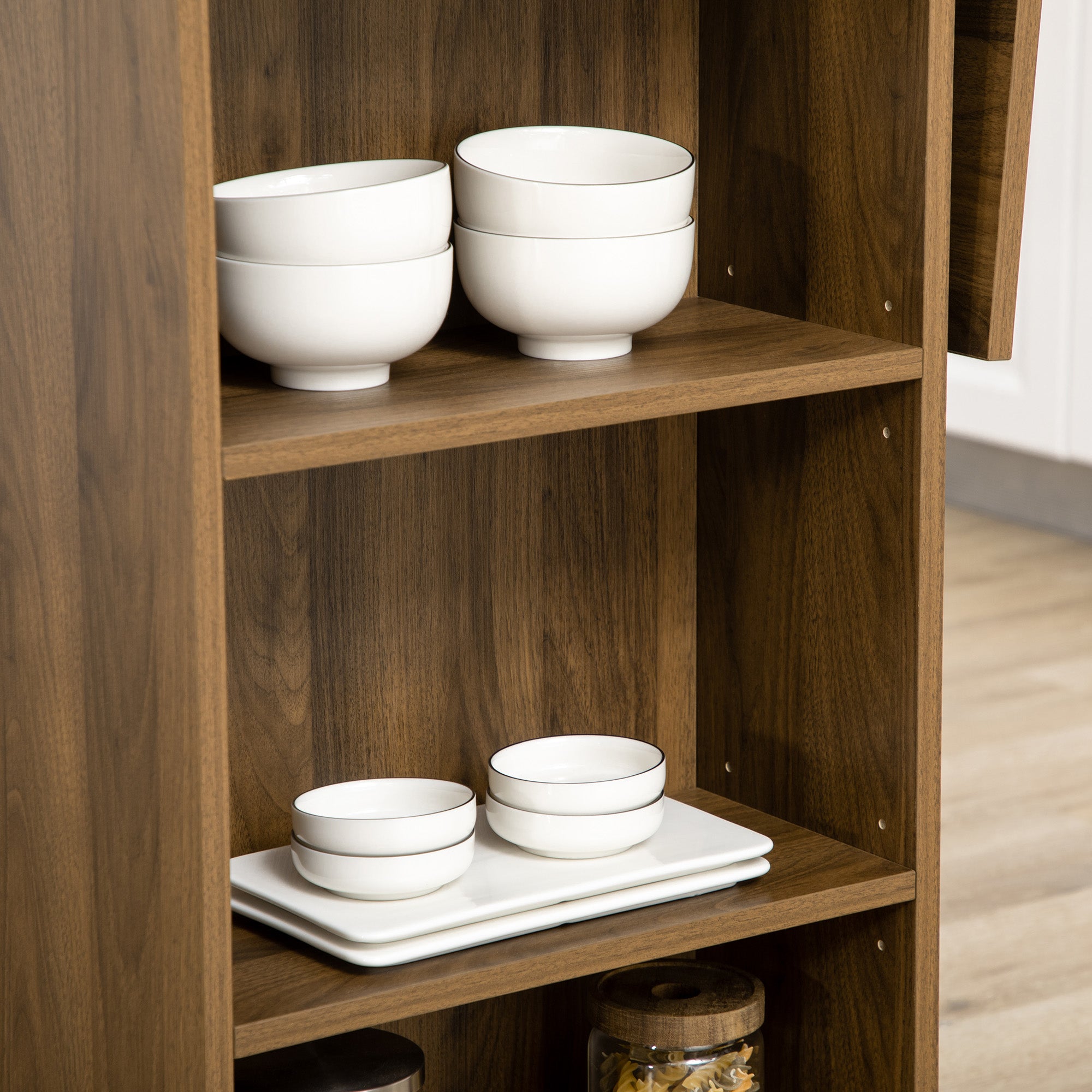 Table de bar avec rangement Table Bistrot Ilot central plateau latéral rabattable et 3 étagères - 120 x 76 x 91,4 cm marron