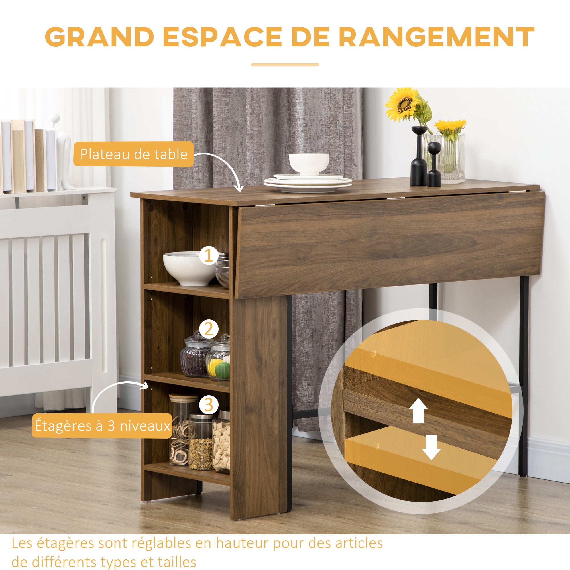 Table de bar avec rangement Table Bistrot Ilot central plateau latéral rabattable et 3 étagères - 120 x 76 x 91,4 cm marron
