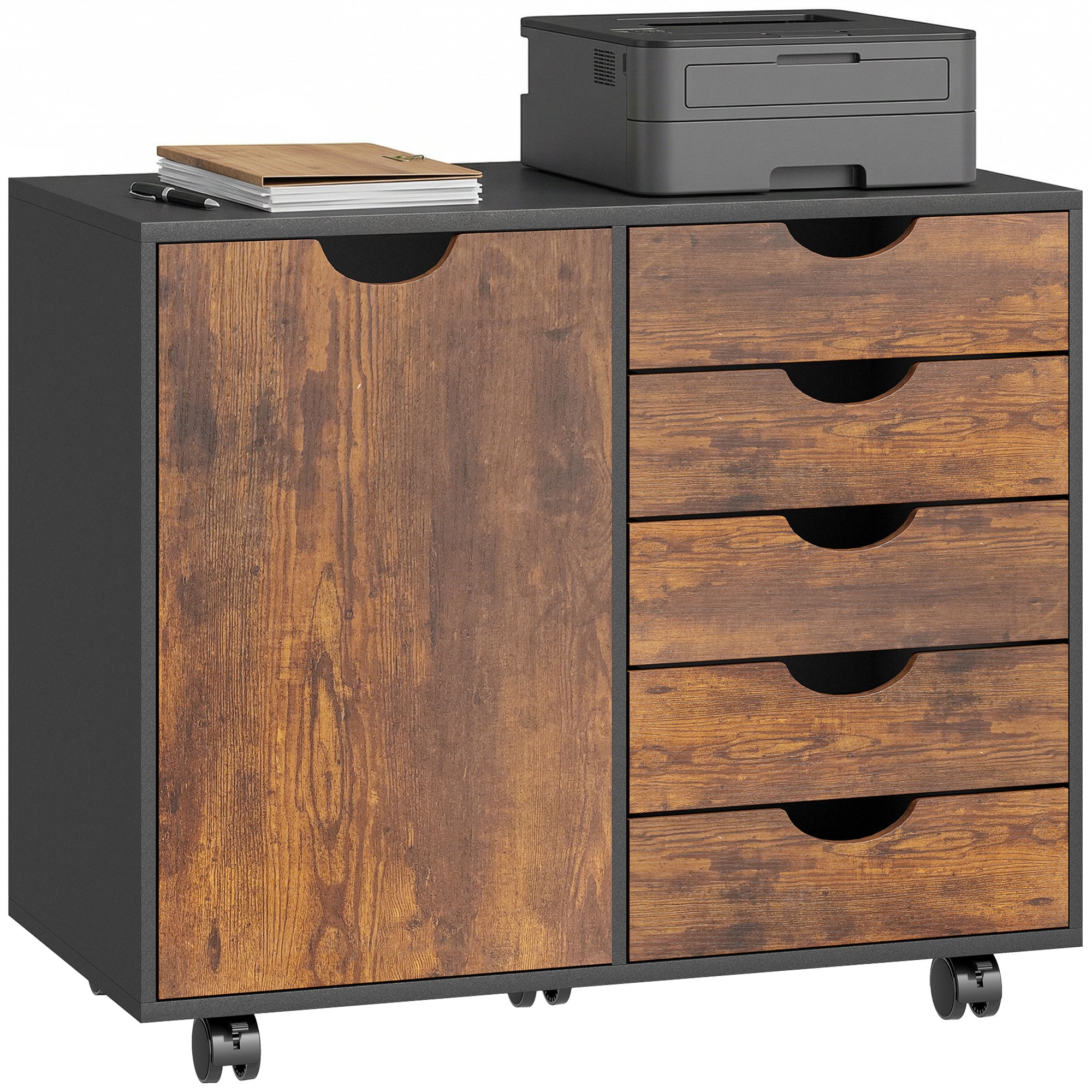 Caisson de bureau mobile avec 5 tiroirs et 1 porte, étagère réglable, meuble rangement bureau, caisson de rangement sur roulettes, pour documents et papeterie, 78 x 40 x 66,5 cm, brun rustique