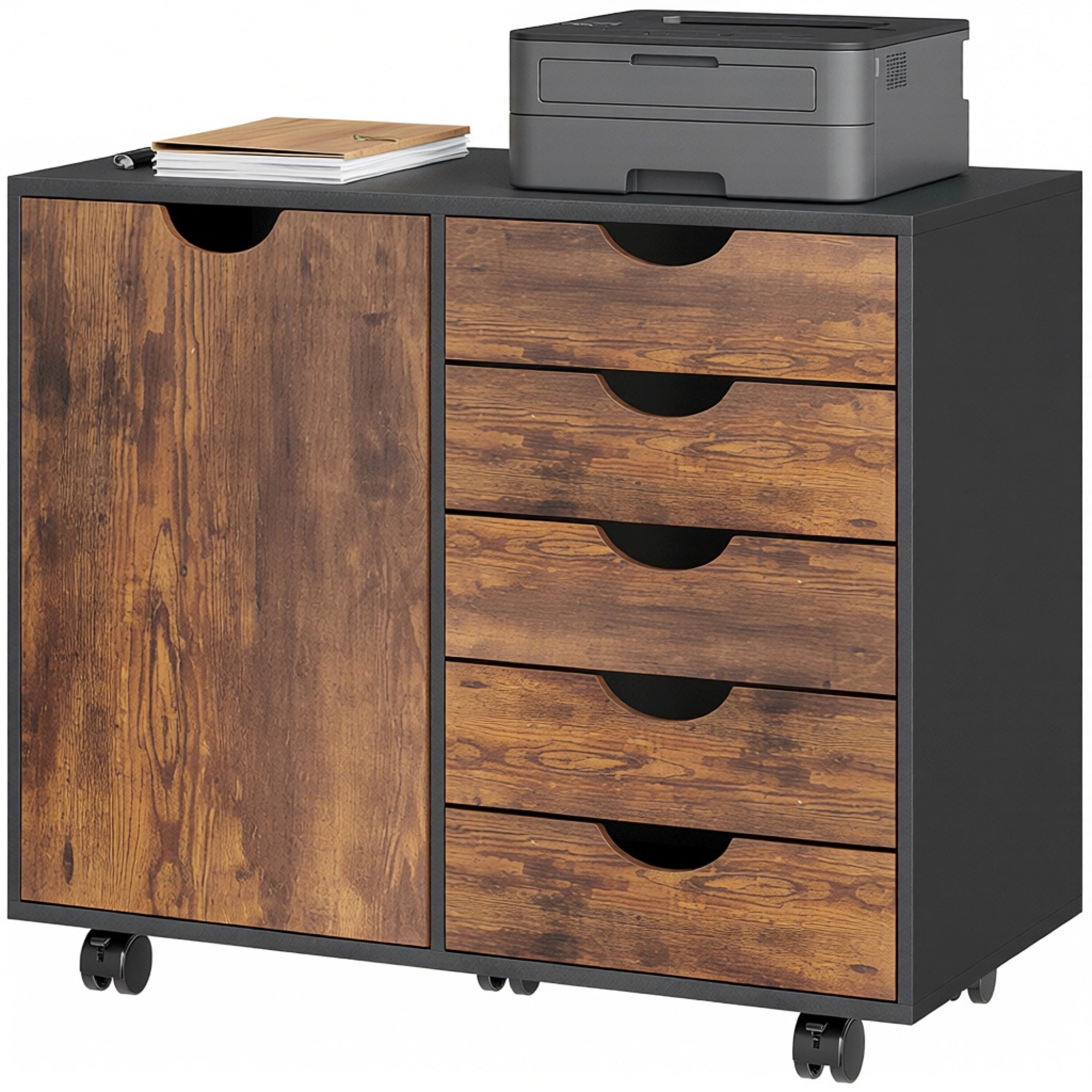 Caisson de bureau mobile avec 5 tiroirs et 1 porte, étagère réglable, meuble rangement bureau, caisson de rangement sur roulettes, pour documents et papeterie, 78 x 40 x 66,5 cm, brun rustique
