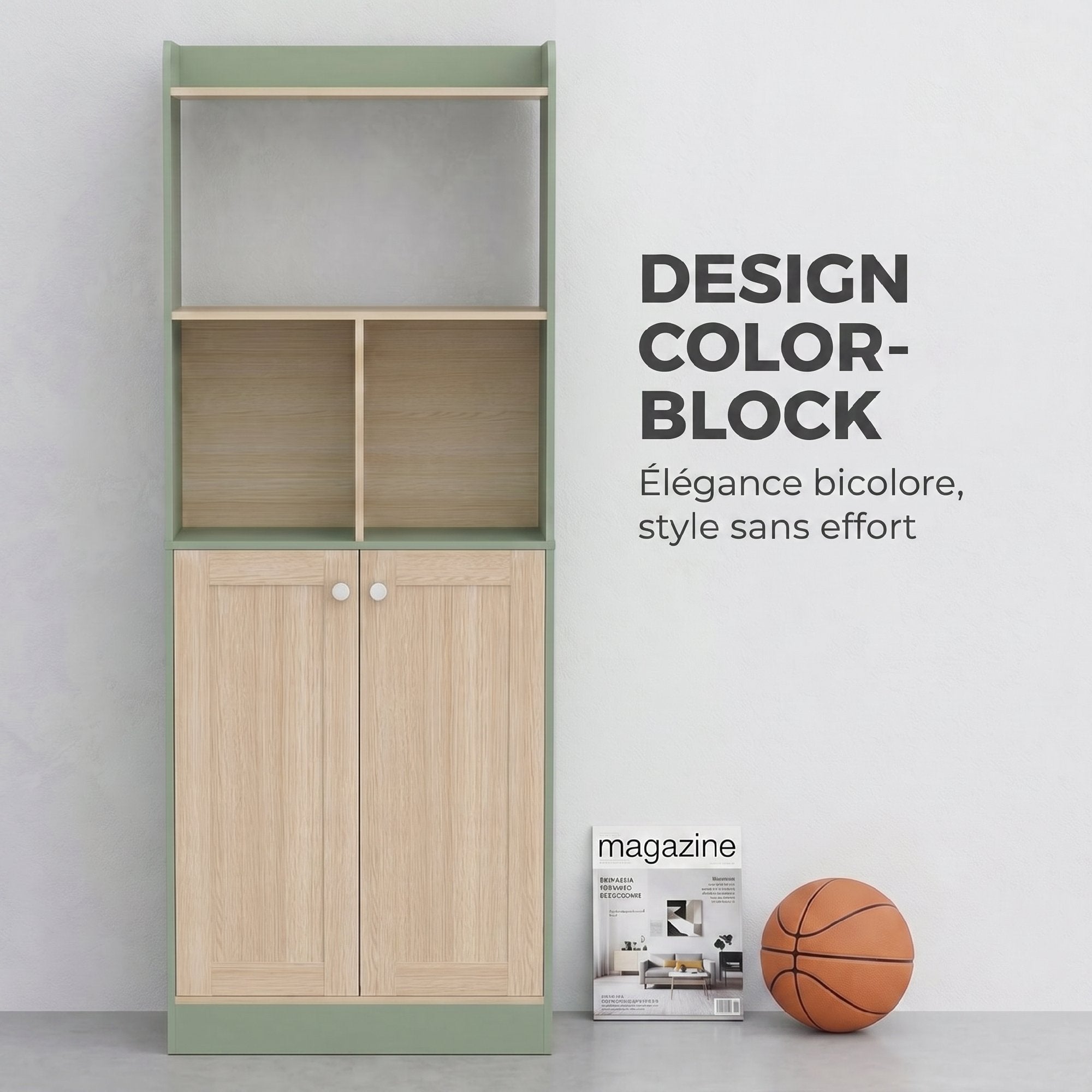 Bibliothèque à 5 niveaux, meuble de rangement, étagère à livres 60 x 30 x 161,2 cm avec 2 portes, étagère de rangement pour salon, chambre, bureau, vert et bois naturel