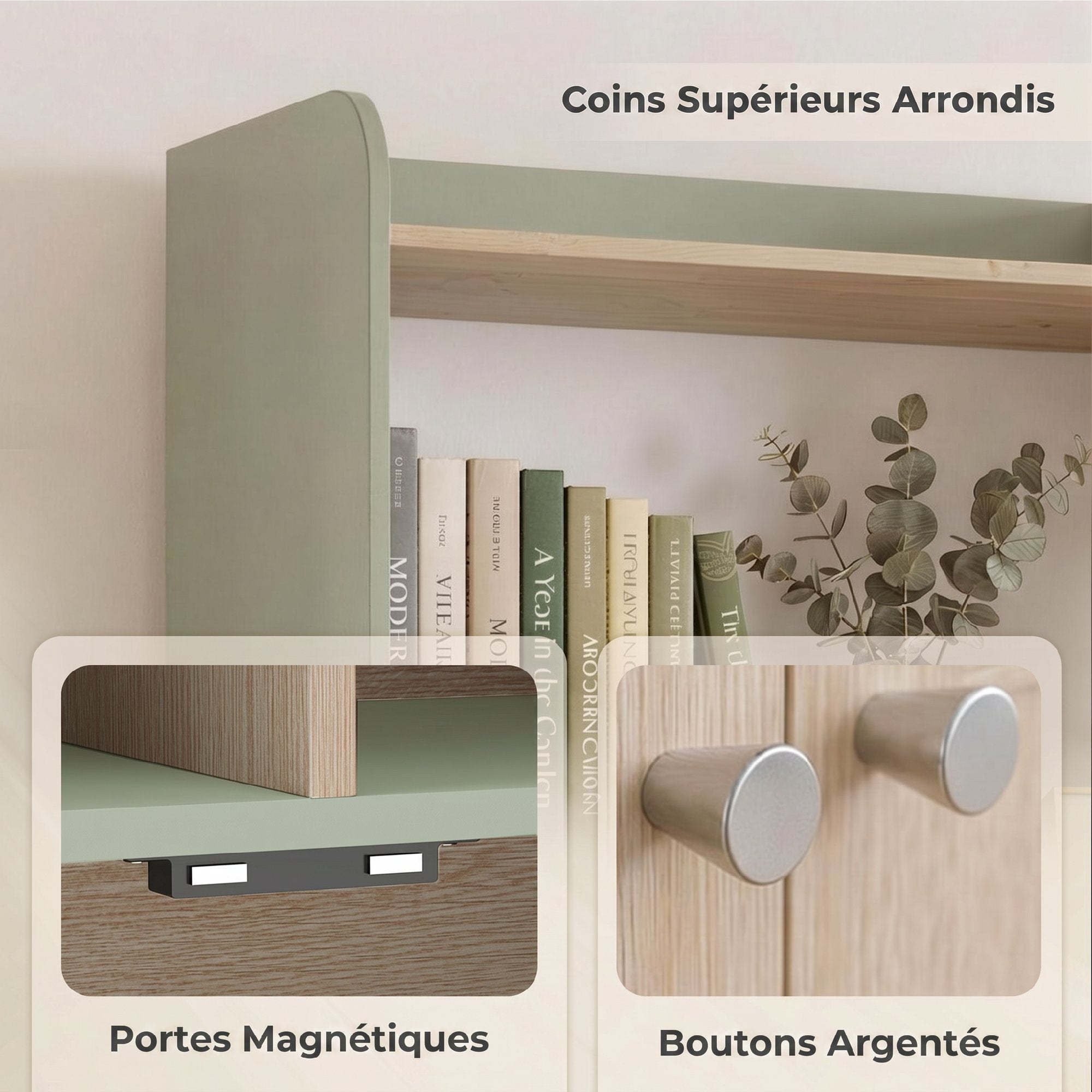 Bibliothèque à 5 niveaux, meuble de rangement, étagère à livres 60 x 30 x 161,2 cm avec 2 portes, étagère de rangement pour salon, chambre, bureau, vert et bois naturel