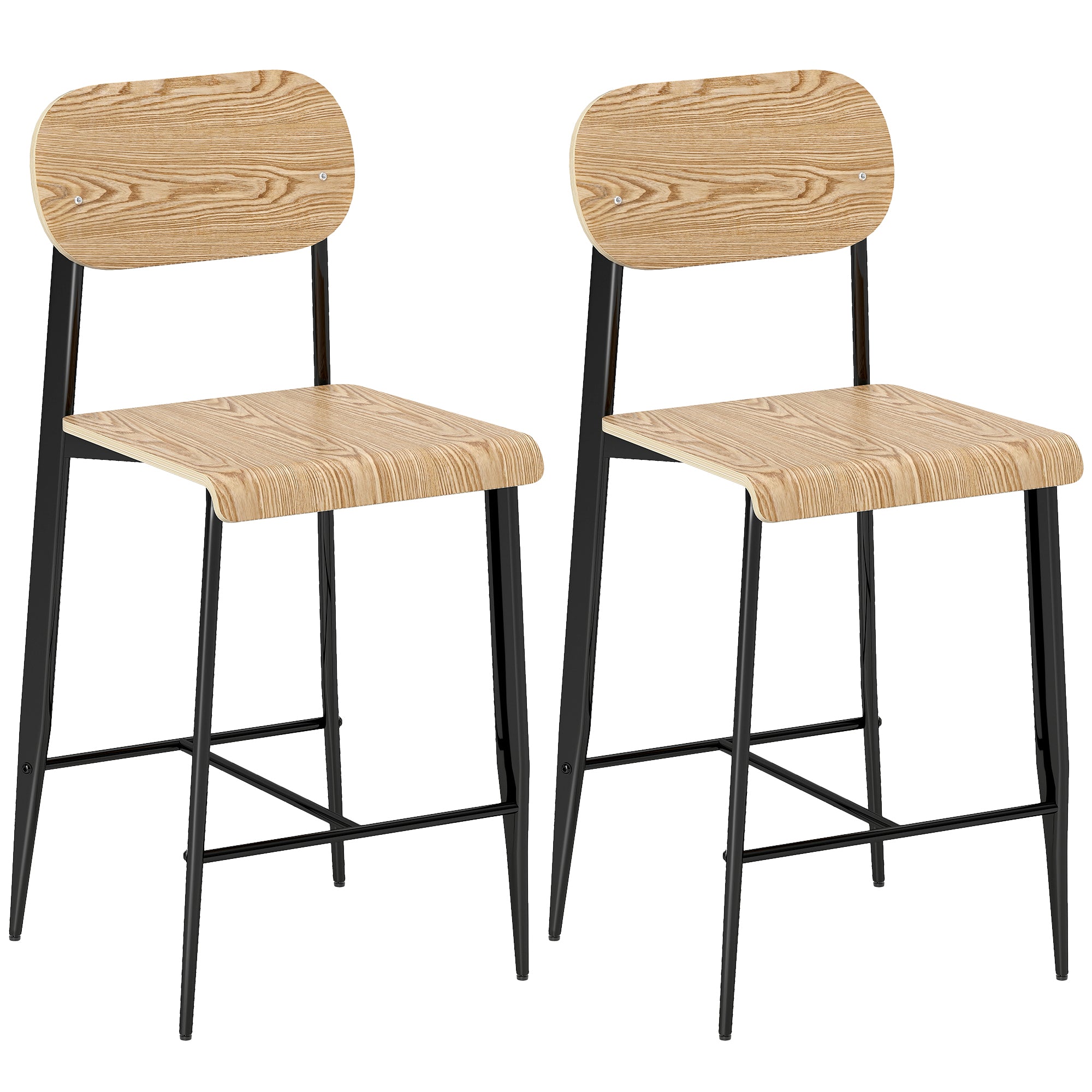 Lot de 2 tabourets de bar, chaises de bar, tabourets de cuisine hauts 65H cm avec dossier, structure en acier, effet bois naturel
