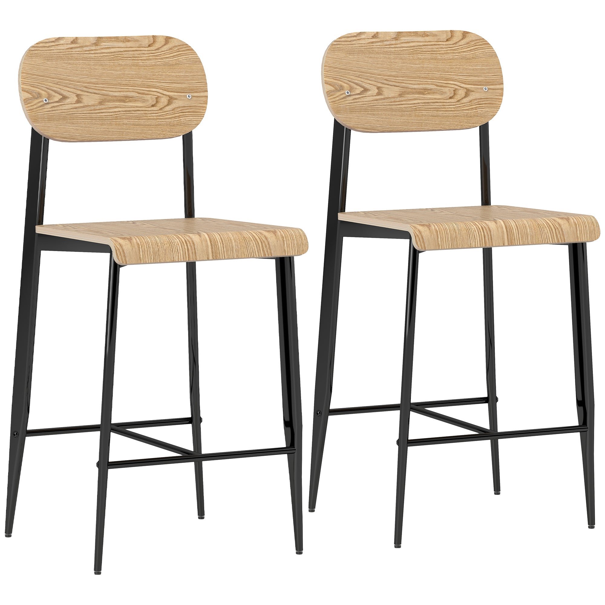 Lot de 2 tabourets de bar, chaises de bar, tabourets de cuisine hauts 65H cm avec dossier, structure en acier, effet bois naturel