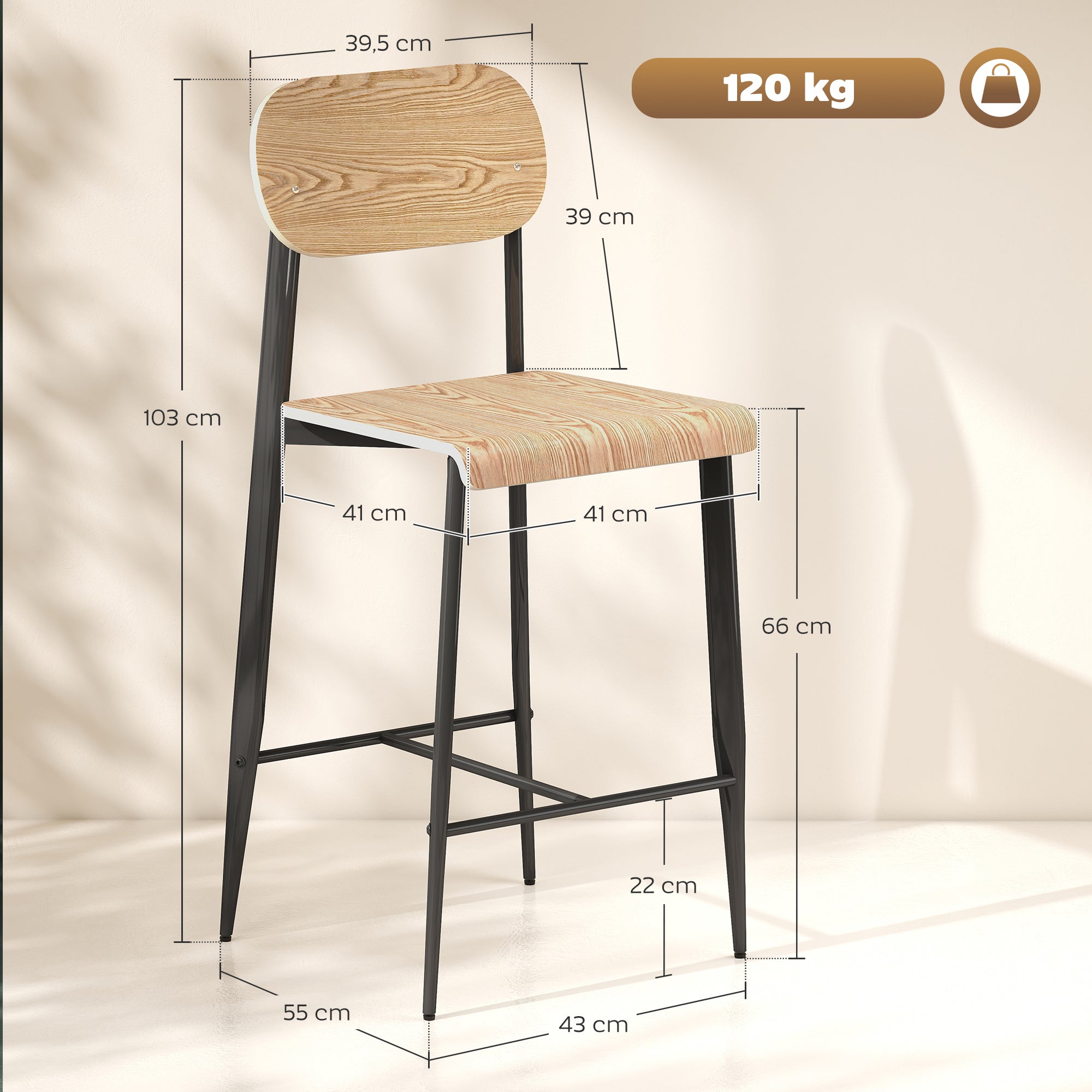 Lot de 2 tabourets de bar, chaises de bar, tabourets de cuisine hauts 65H cm avec dossier, structure en acier, effet bois naturel