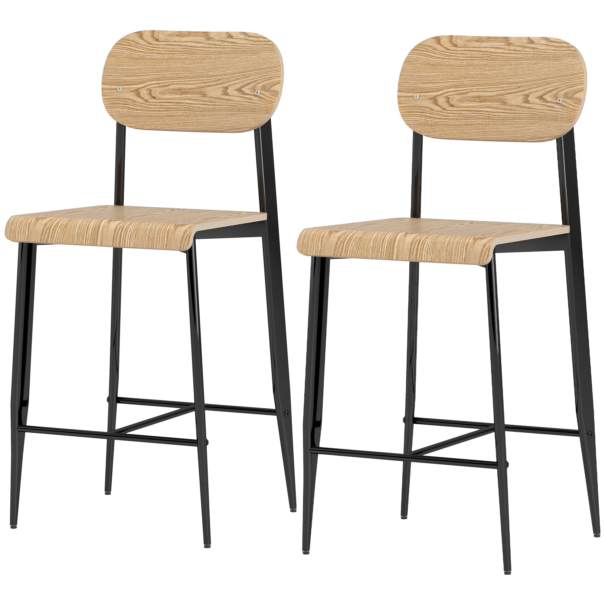 Lot de 2 tabourets de bar, chaises de bar, tabourets de cuisine hauts 65H cm avec dossier, structure en acier, effet bois naturel