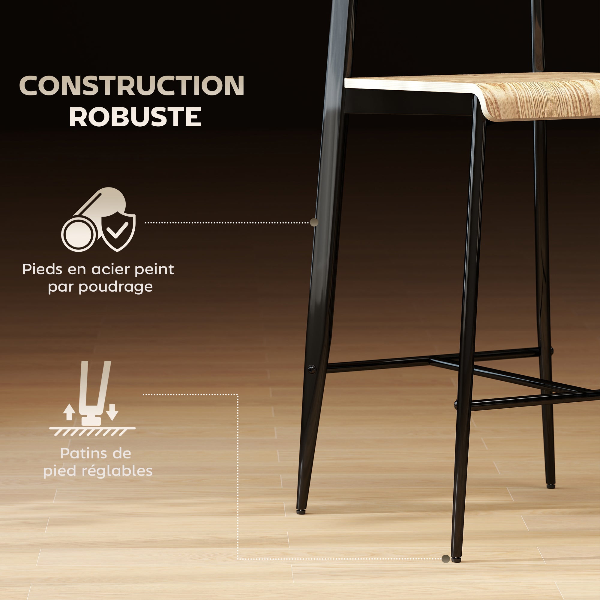 Lot de 2 tabourets de bar, chaises de bar, tabourets de cuisine hauts 65H cm avec dossier, structure en acier, effet bois naturel